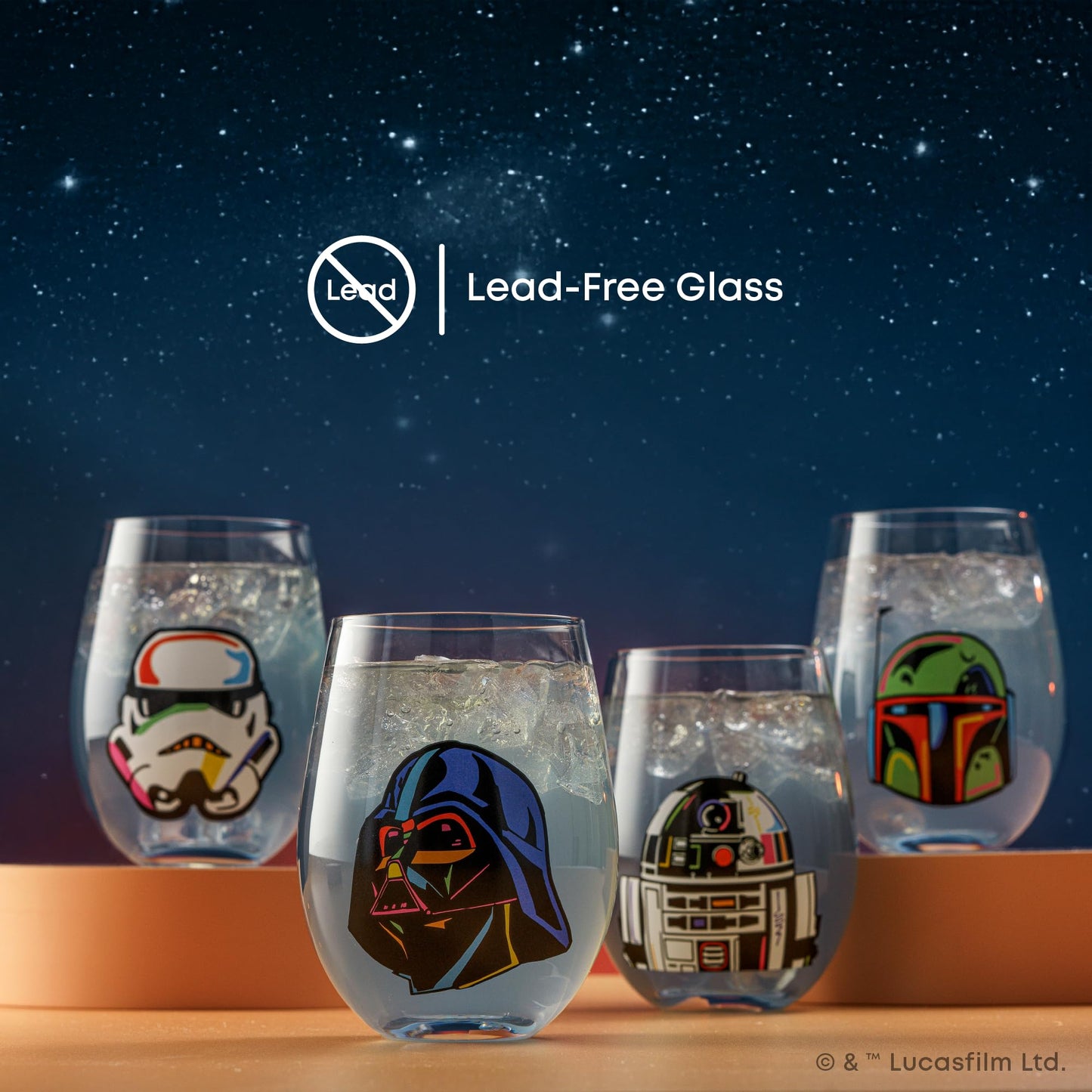 JoyJolt Star Wars Cosmic Color Stemless Drinking Glasses, 19oz Glass Cups ft Darth Vader, Stormtrooper, Boba Fett, R2-D2 - Star Wars Kitchen Glasses Set of 4, Gifts for Men, Women & Adults