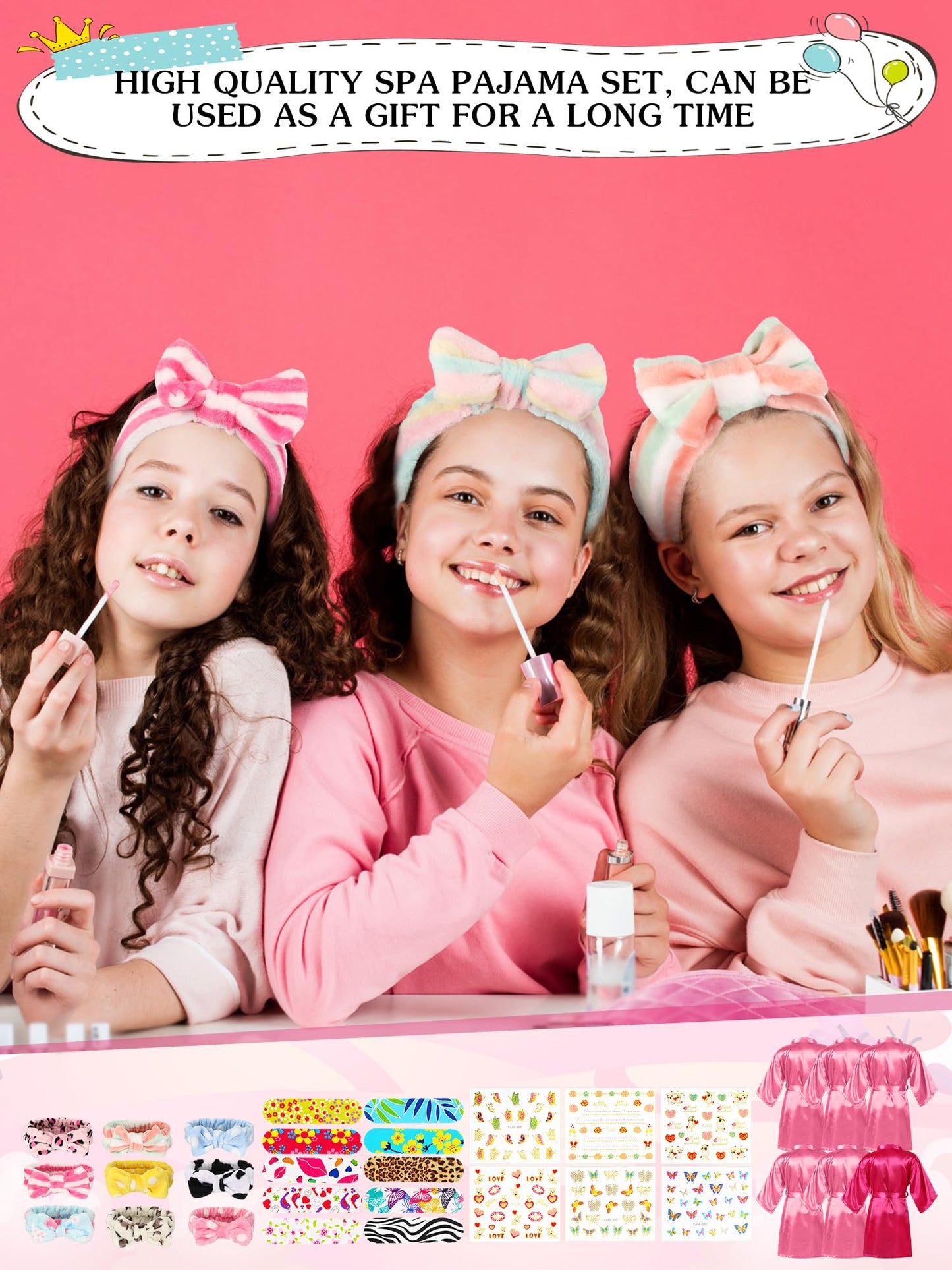Suhine 6 Set Spa Party Supplies for Girls Kids 6 Satin Robes Spa Kit Sleepover Birthday Slumber Party Favors Nail Salon Pack(Pink, Rose Red)