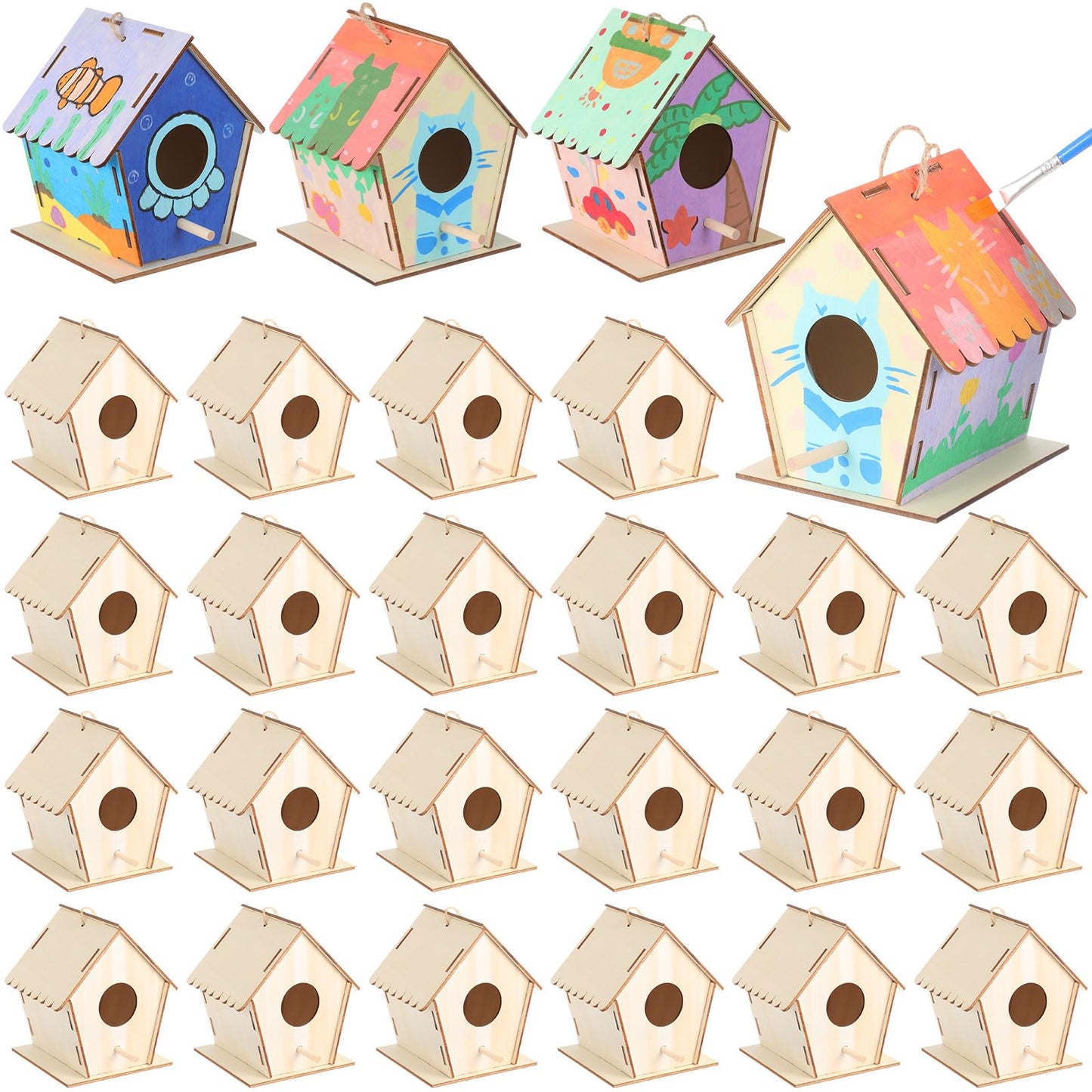 DoubleFill 4.3" Wooden Bird Houses Bulk for Kids DIY Kid Art Craft Outdoor Birdhouse Kit Unfinished Hanging Birdhouse for Children to Build Wooden Arts and Craft for Girls Boys (24 Pack)