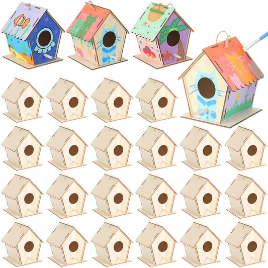 DoubleFill 4.3" Wooden Bird Houses Bulk for Kids DIY Kid Art Craft Outdoor Birdhouse Kit Unfinished Hanging Birdhouse for Children to Build Wooden Arts and Craft for Girls Boys (24 Pack)