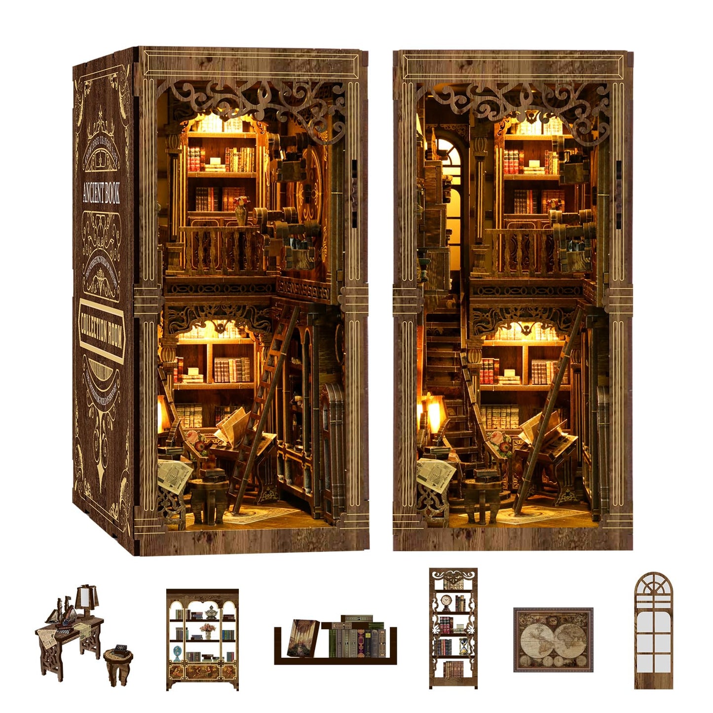 Book Nook Kit - DIY Miniature Dolls House Kit with Furniture and LED Light, 3D Puzzle Wooden Art Bookends, Model Kits for for Adults and Teens (Ancient Books)