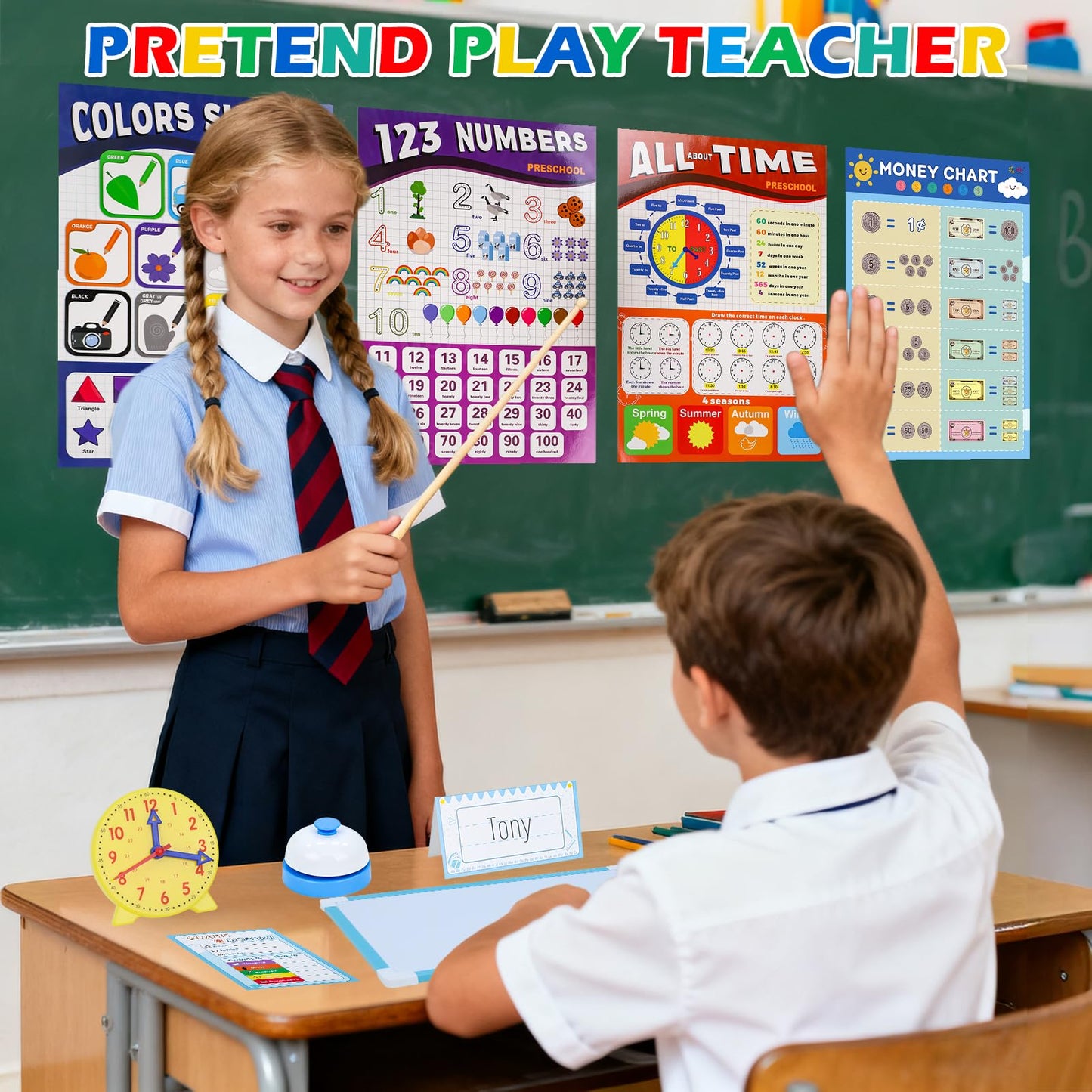 Gifts2U - Pretend Teacher Play Set for Kids, School Toys for Girls and Boys with Teacher Bag, Chalkboard, Play Money, Learning Clock, Educational Posters and