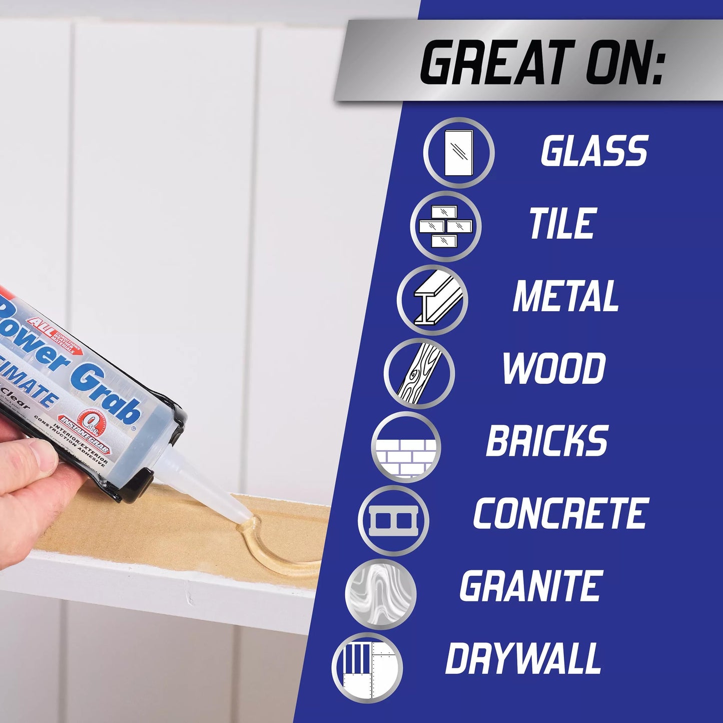 Loctite Power Grab Ultimate Crystal Clear Construction Adhesive - Versatile Construction Glue for Glass, Wood, Metal & More - 9 fl oz Cartridge, 6 Pack