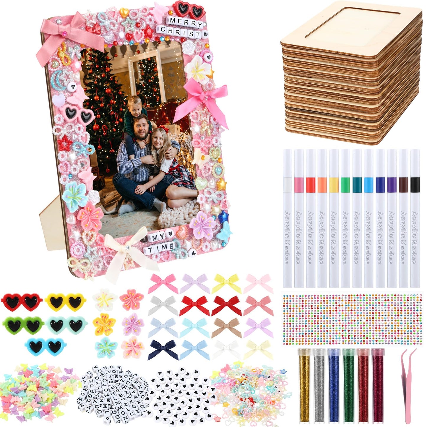 Suncalla DIY Wooden Picture Frames Craft Kit 4 x 6 Inch Wooden Picture Frames with Acrylic Pens Beads Mini Charms Gem Stickers Glitter for Christmas Crafts DIY Birthday Wedding(10 Pcs,Classic)