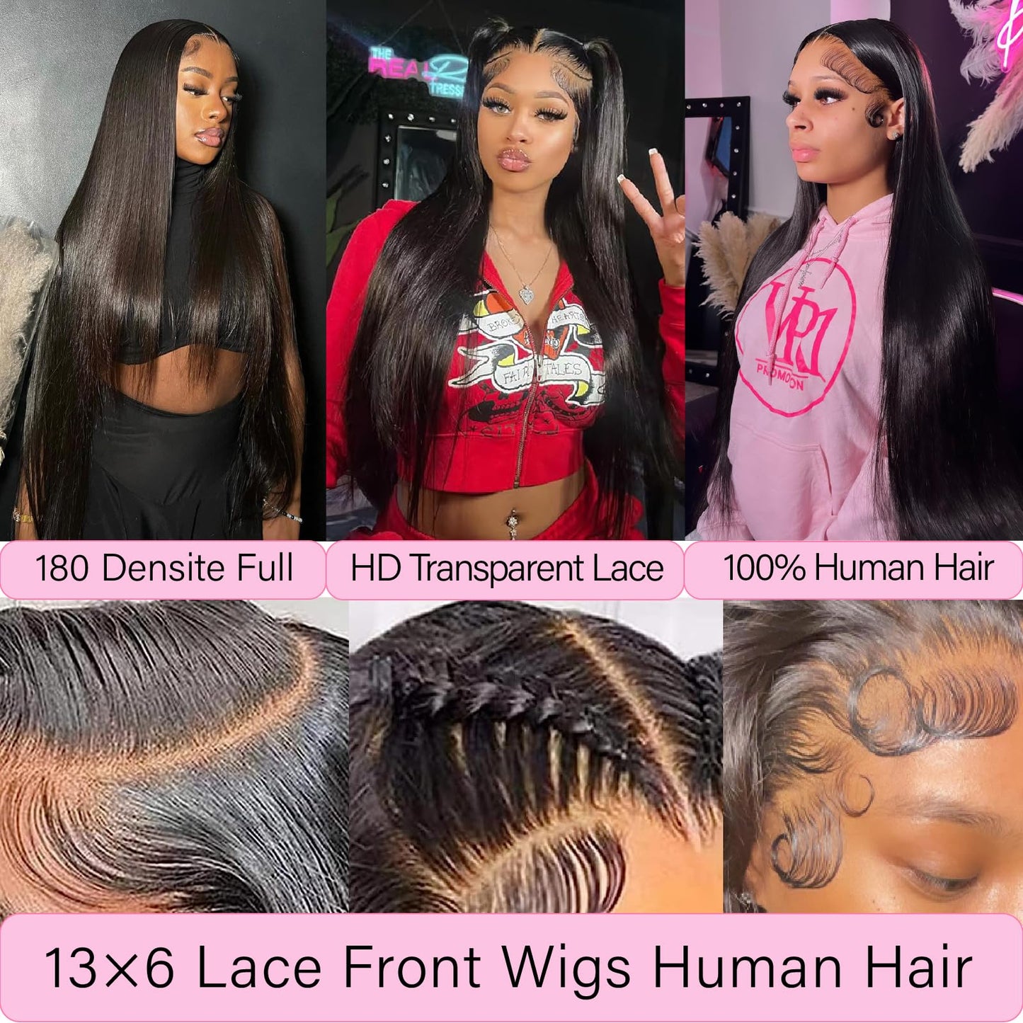 UKOWN 13x6 Lace Front Wigs Human Hair 28 Inch Straight HD Transparent Lace Front Wigs Human Hair Pre Plucked Natural Color 180 Density With Baby Hair for Women