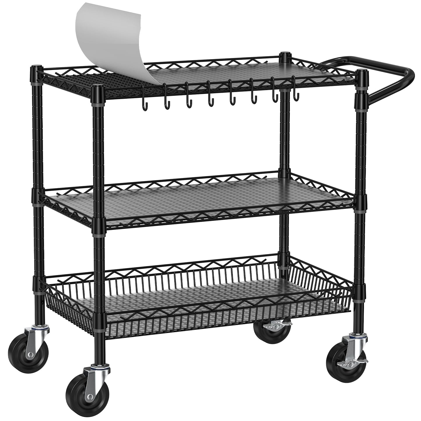 Folews Heavy Duty Rolling Cart with Wheels, 3 Tier Commercial Grade Utility Cart, Metal Kitchen Storage Trolley with Handle Bar & Shelf Liner for Food Service Tool, Black