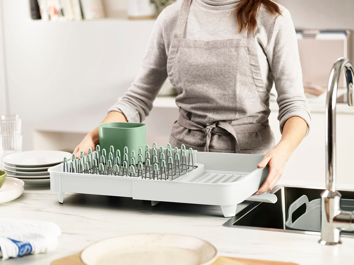 Joseph Joseph Extend Expandable Dish Drainer Rack with Removable Flatware Holder Swivel Draining Spout - Stone/Sage Green