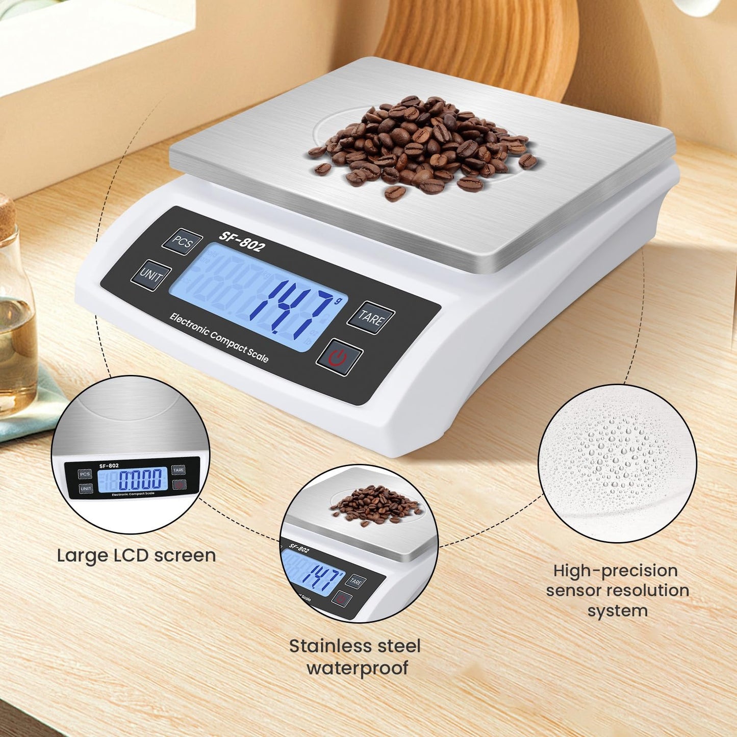 Puozult Digital Kitchen Scale 30kg/66lb Large Food Scale for Baking Cooking Stainless Bread Scale with LCD Display Counting Scales for Commercial(Color : Stainless White)