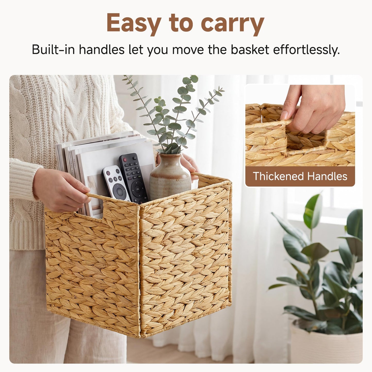 StorageWorks 10.5 inch Wicker Storage Baskets, Handwoven Wicker Basket for Organizinng, Foldable Water Hyacinth Square Storage Cubes, Natural, 4Pack