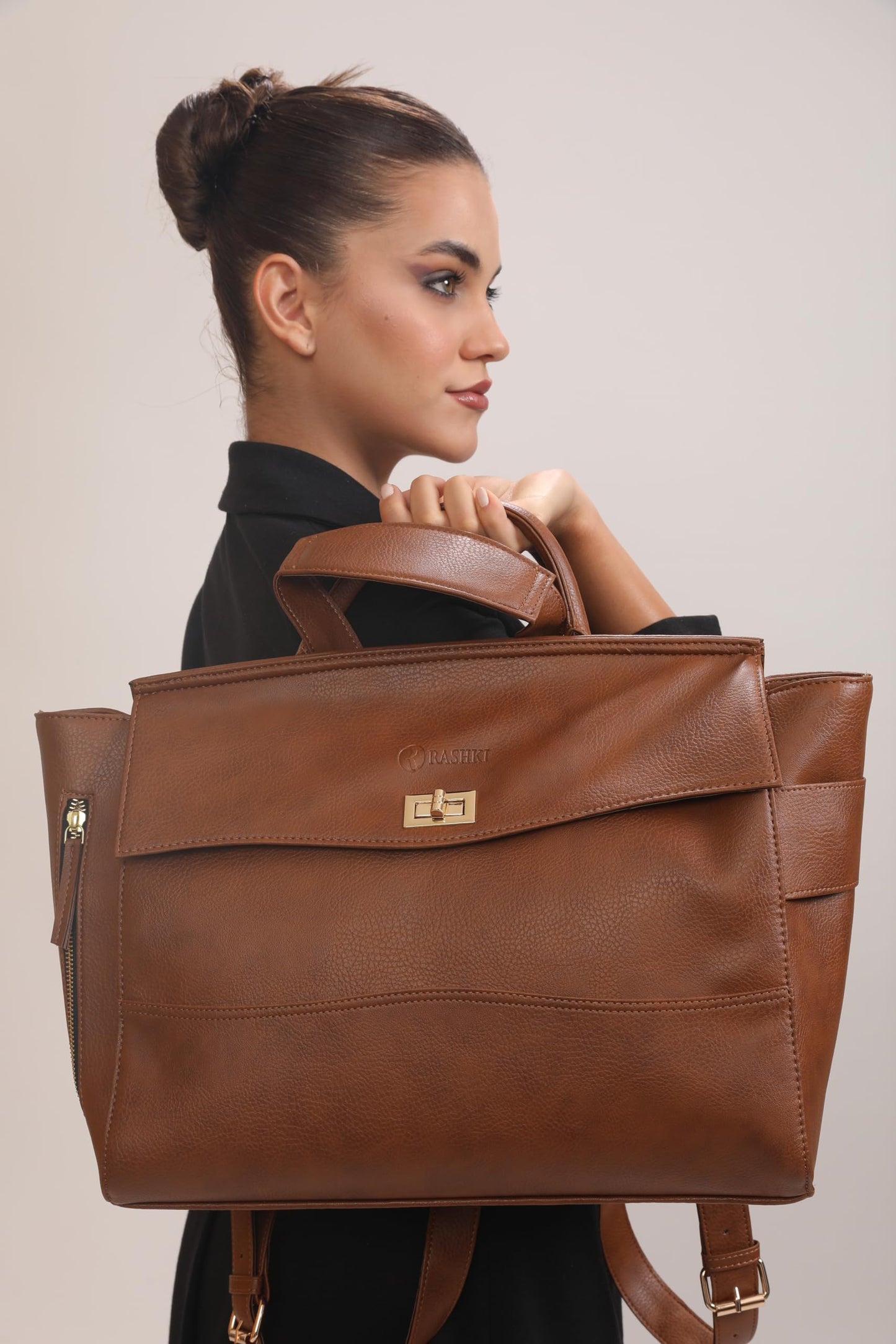 RASHKI ARIA Women tote bag | 15.6" Laptop Messenger Bag | Laptop Bag | Office Bag | College Bag | Vegan Leather (TAN)