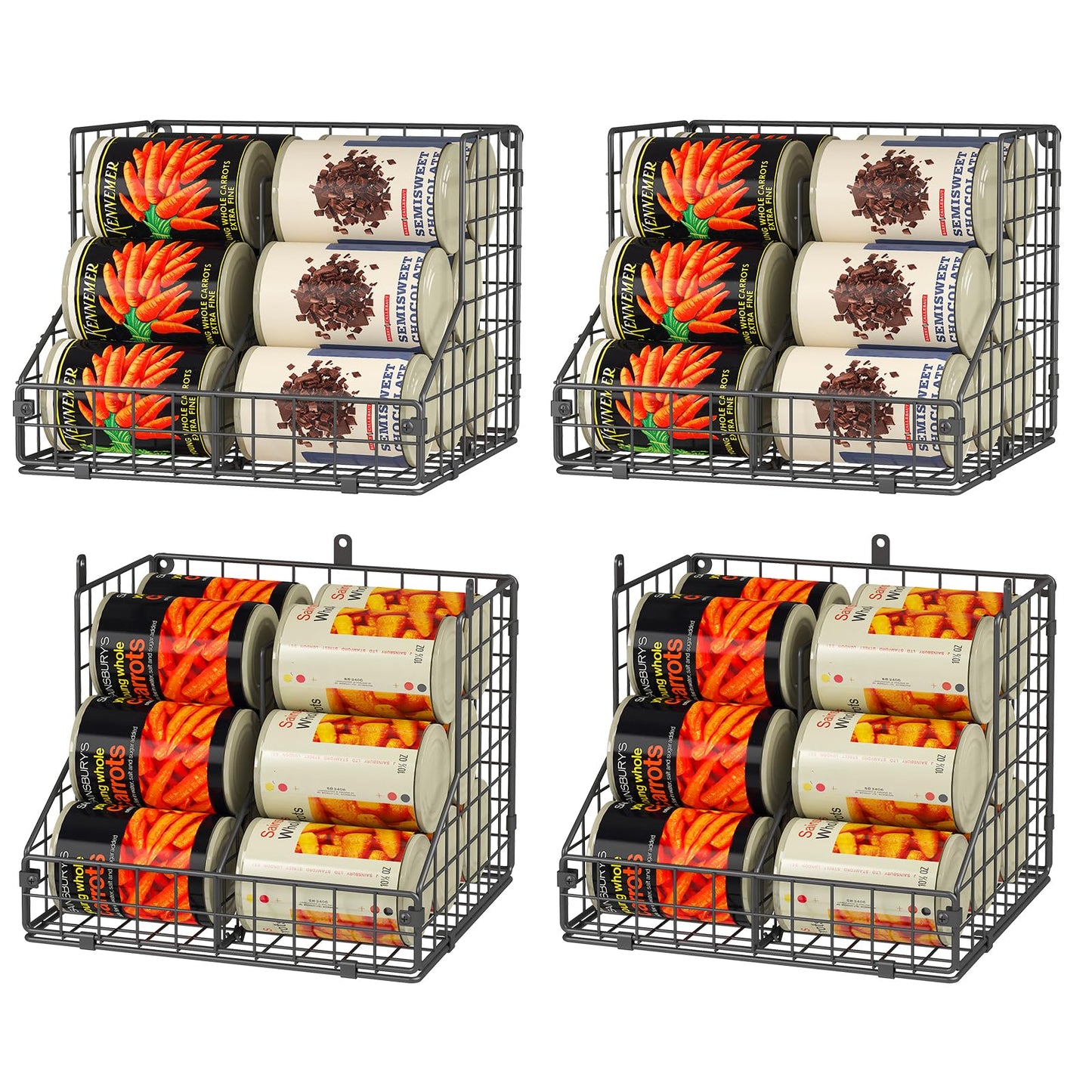 4 Pack Stackable Can Organizer for Pantry with Adjustable Dividers, Soda Can Organizer, Can Storage Dispenser Holds up to 56 Cans, Metal Wire Baskets Can Holder for Kitchen Cabinet Pantry
