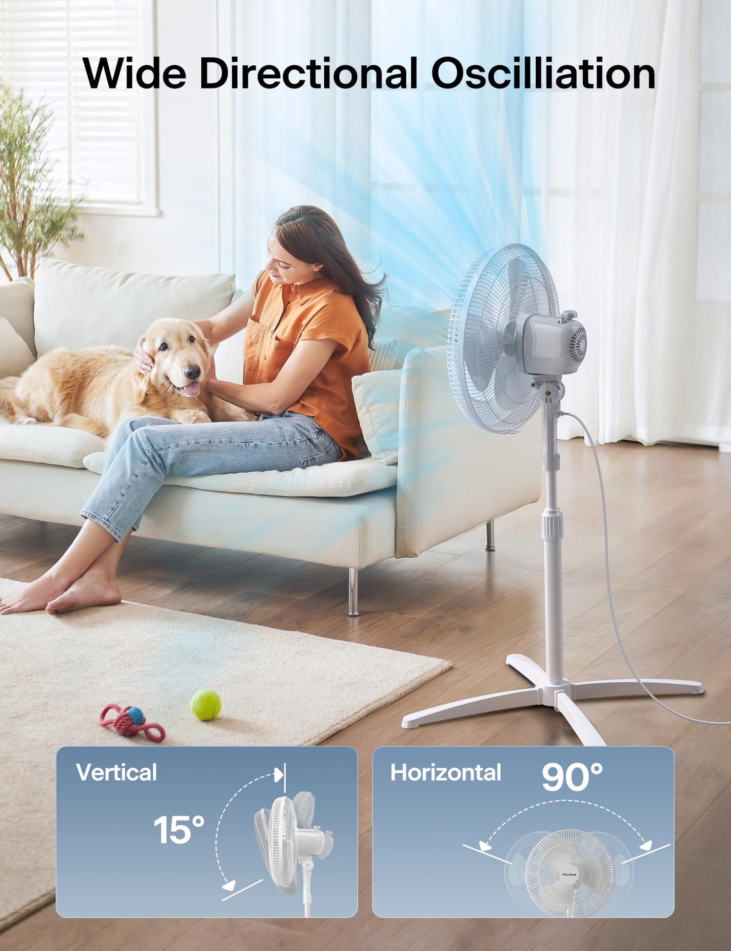 PELONIS 16 inch Pedestal Fan for Bedroom, Oscillating Fan, 3-Speeds, 90° Oscillation, Adjustable Height, Floor Fan, Standing Fan for Living Room, Kitchen, and Home office, White