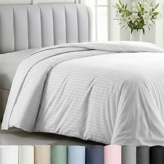 California Design Den Striped White Duvet Cover King Size Only - Premium 400 Thread Count, 100% Cotton Sateen, Button Closure & Corner Ties - White