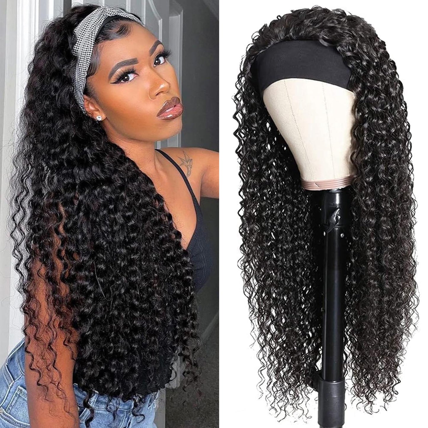 Headband Wig Deep Wave Human Hair Wigs Virgin Hair Wigs Brazilian Remy Hair Glueless Non Lace Front Wig for Black Women Wear and Go Wigs Deep Curly Wave Headband Wig (28 Inch, Natural Color)