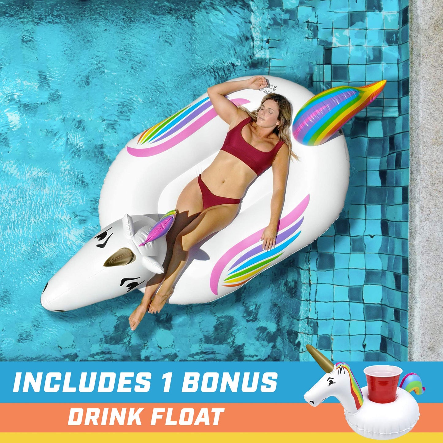 GoFloats Giant Inflatable Pool Floats - Choose Unicorn, Dragon, Flamingo, Swan, or Bull - Includes Drink Float