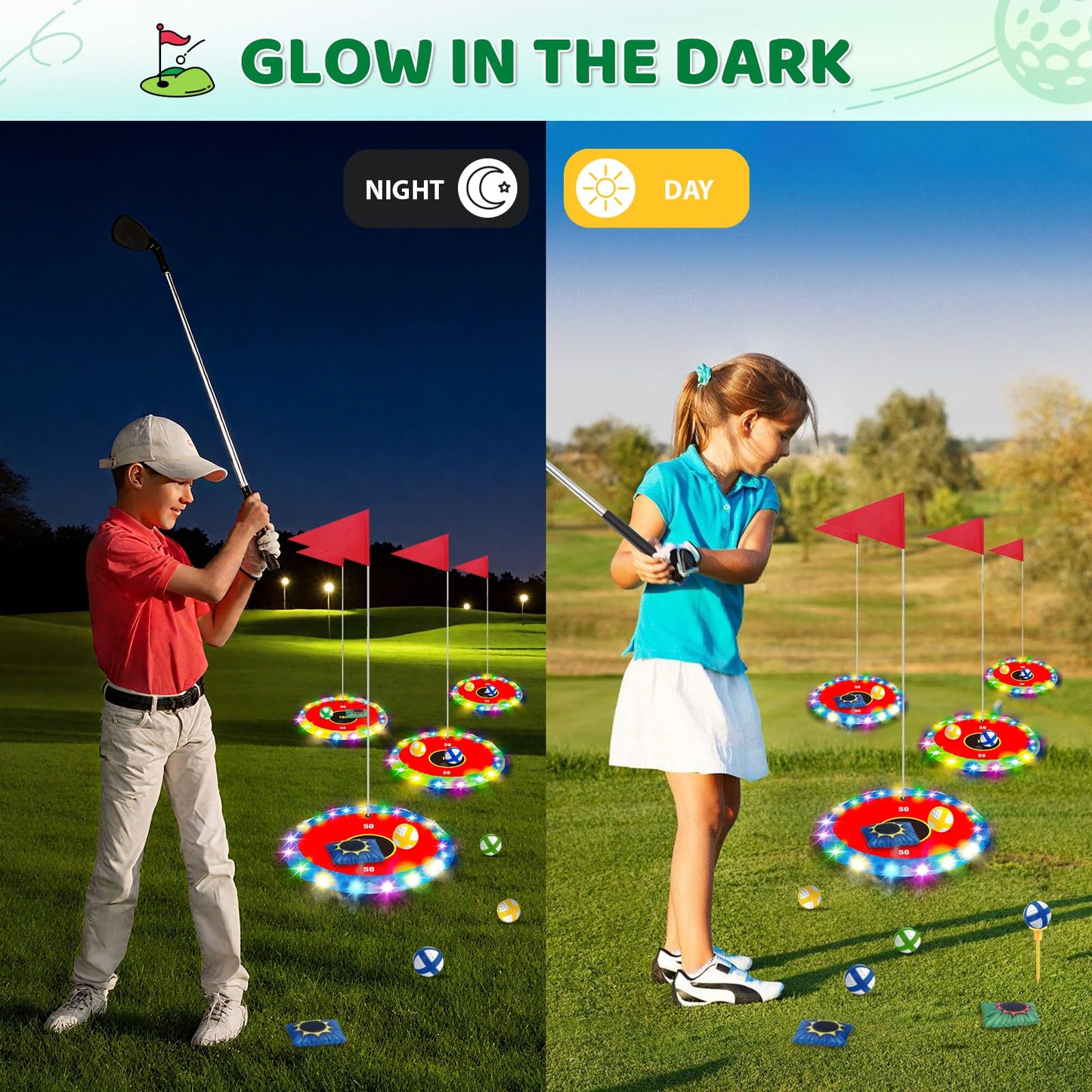 TERRAMUS Light Up Golf Play Set - Upgraded Backyard Golf Chipping Game with 6 LED Targets, 2 Clubs, 18 Balls, 6 Bean Bags, Night Golf Toys Gifts for Kids Golfers Family Indoor Outdoor Beach Lawn Park