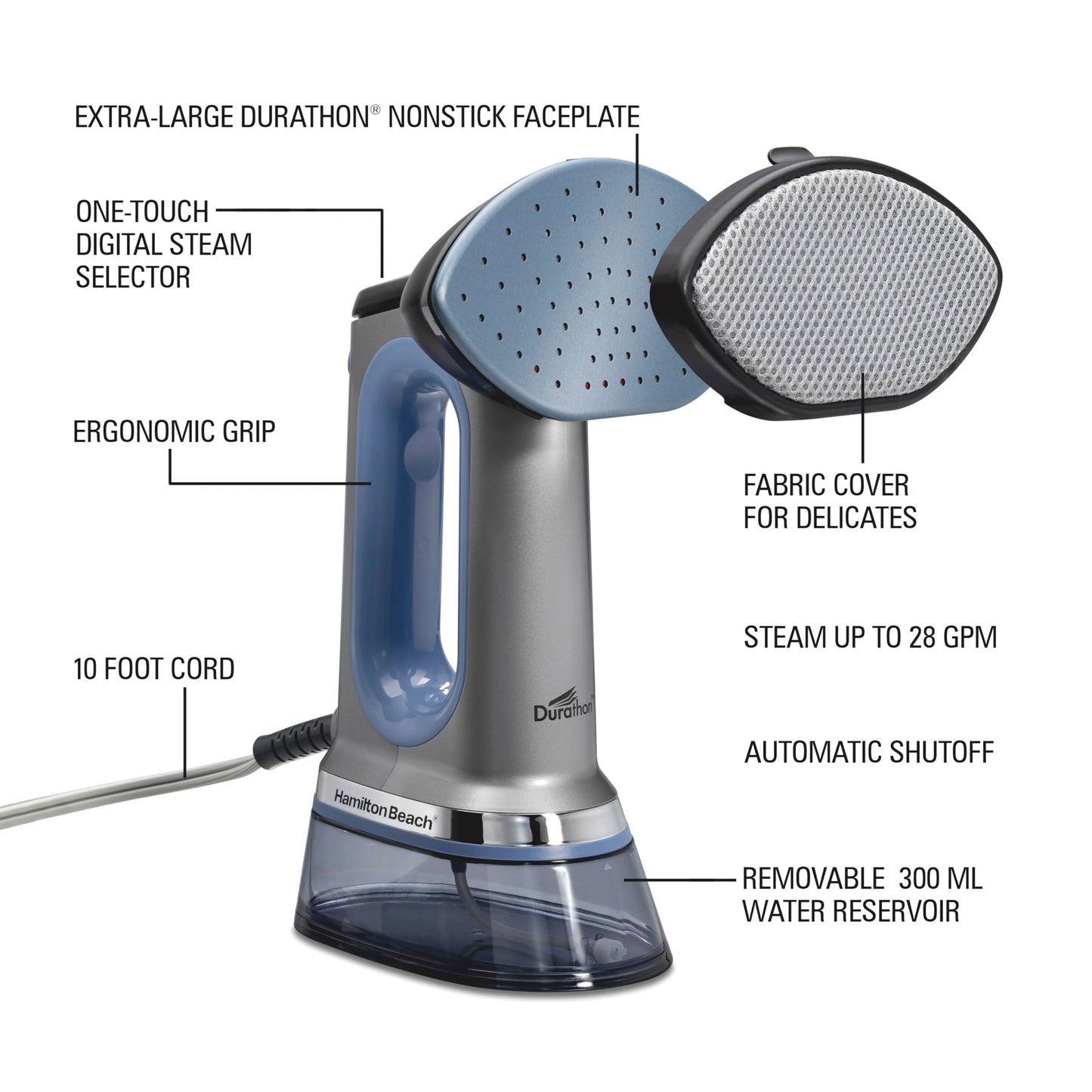 Hamilton Beach Durathon 3-in-1 Handheld Garment Steamer for Clothes & Steam Iron, 45 Second Heat-Up with 1700 Watts, 300ml Removable Water Tank, 27 Minutes of Steam, Auto Shutoff, Gray & Blue (11559)