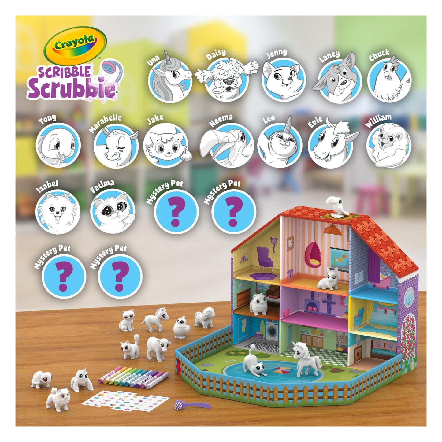Crayola Scribble Scrubbie Pets Friendship Collection, 18 Pets and 10 Markers, with Display House, Arts and Crafts, Mystery Toys and Gifts for Kids, Ages 3+