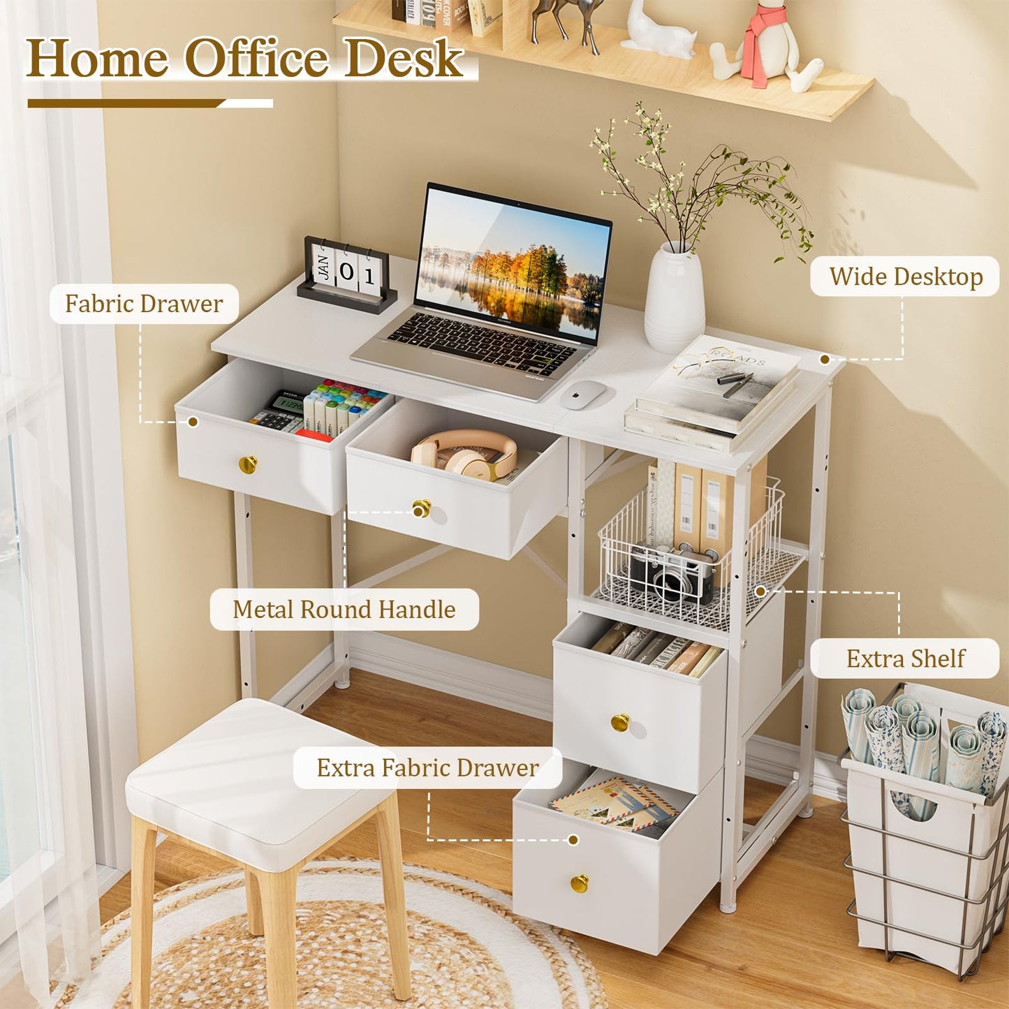 3IngSeagulls Small Computer Desk with 4 Fabric Drawers, Simple Writing Desk for Home Office, Compact Study Desks for Small Spaces, Kids Desk Study for Bedroom, White
