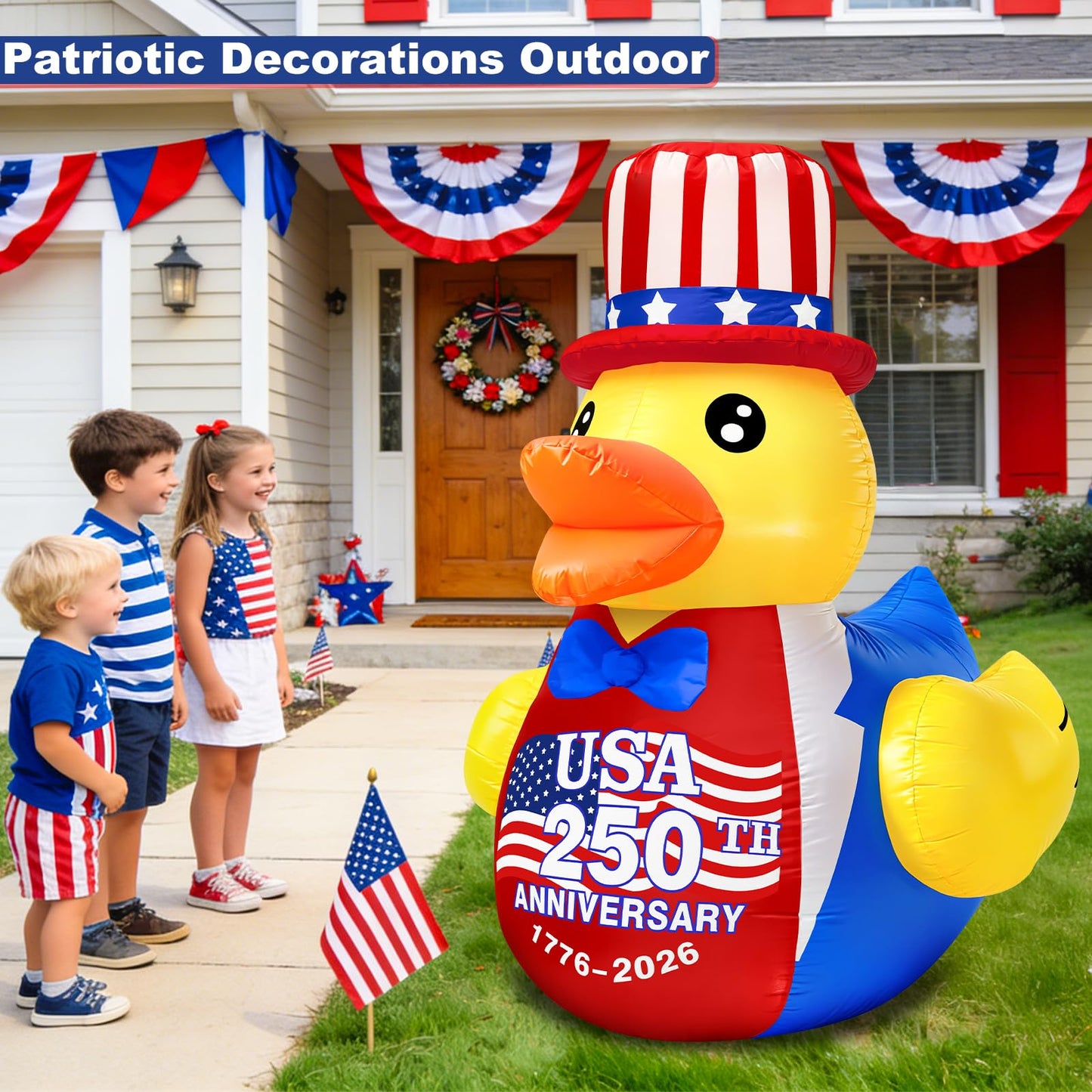 4FT 4th of July Inflatables Outdoor Decorations, Patriotic Blow Up Inflatable Duck with Amarican Flag Hat Built-in LEDs for USA 250th Anniversary Fourth of July Independence Day Yard Garden Lawn Decor