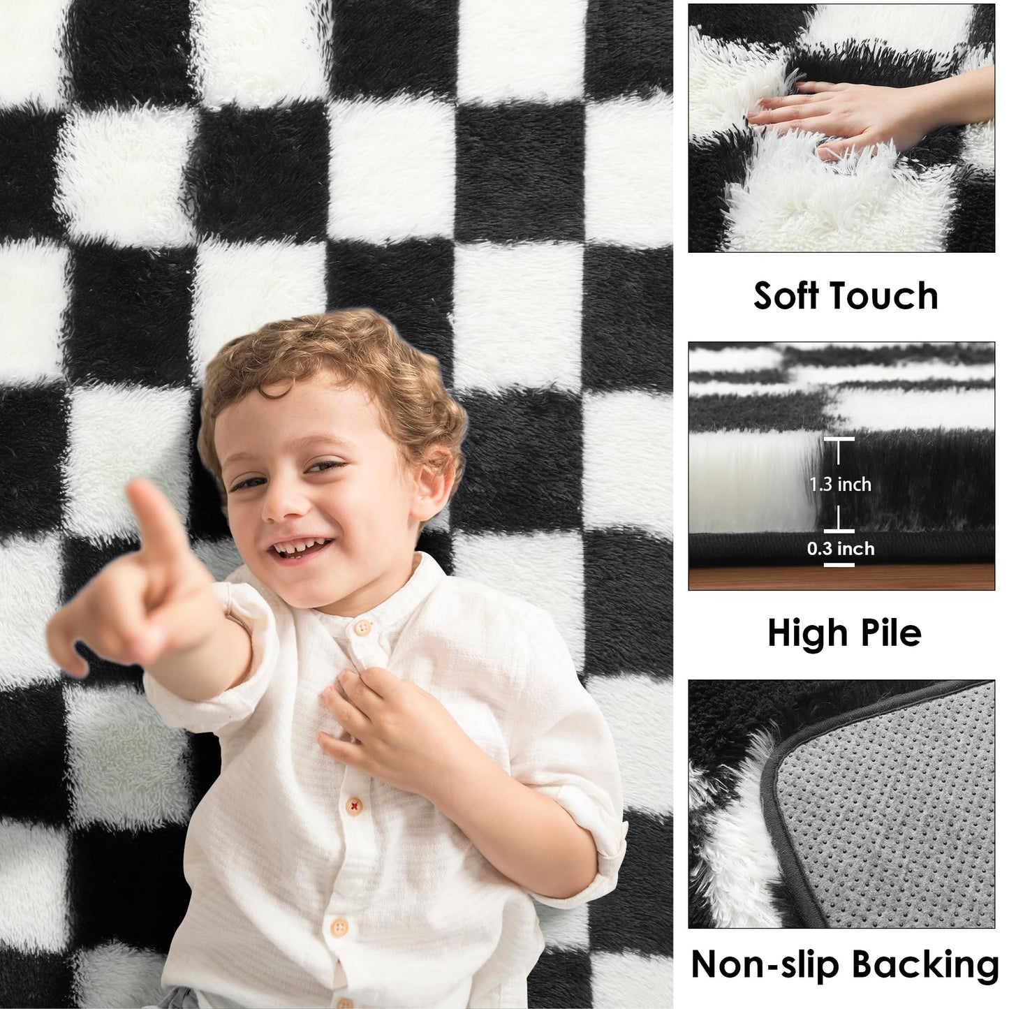 KICMOR 5x7 Rug for Living Room Bedroom, Fluffy Black and White Area Rug Fuzzy Shaggy Floor Carpets, Big Large Soft Plush Checkered Rugs for Kids Girls Boys Room Dorm Nursery, Home Decor Aesthetic