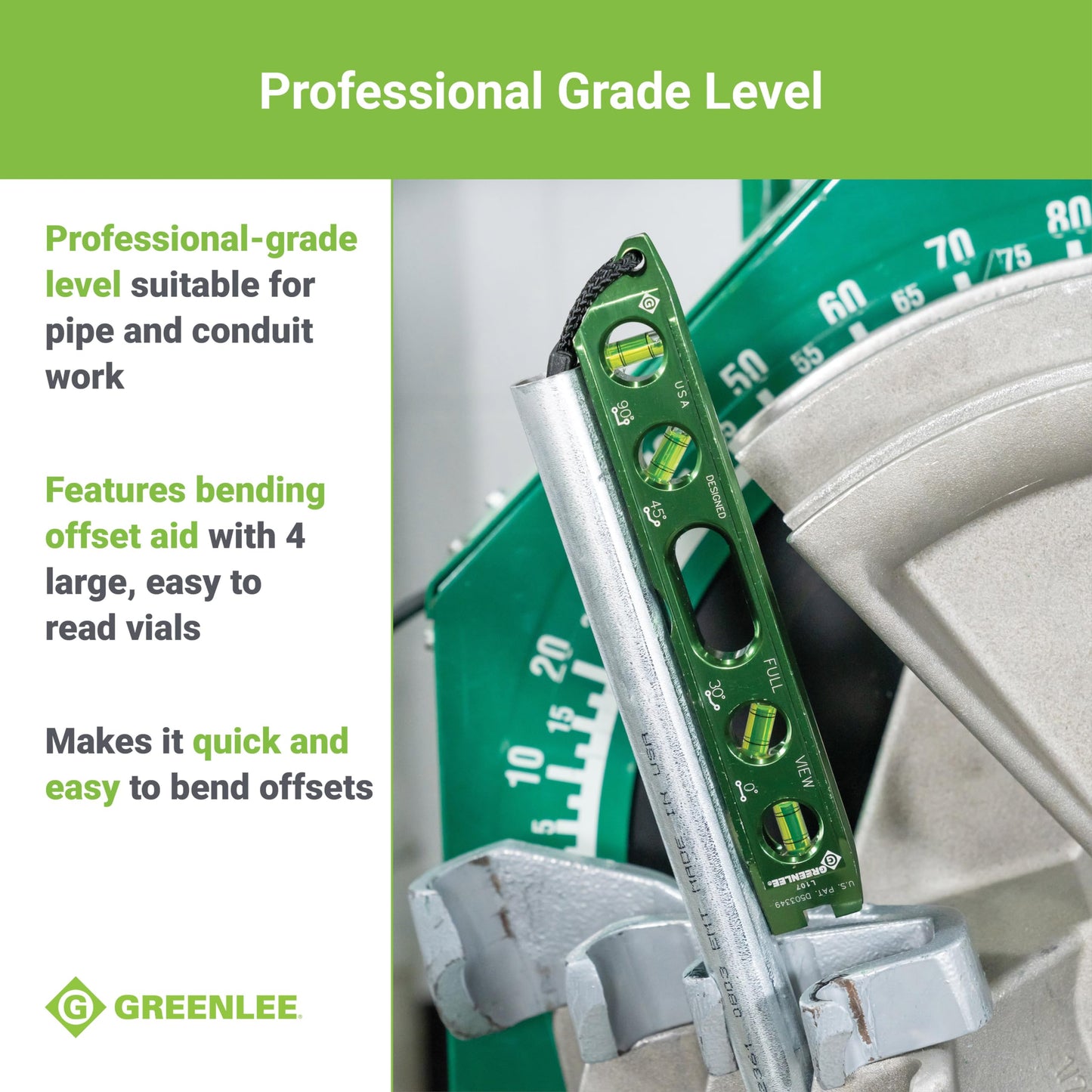 Greenlee L107 Electrician's Magnetic Torpedo Level with Conduit Bending Offset Aid, Green