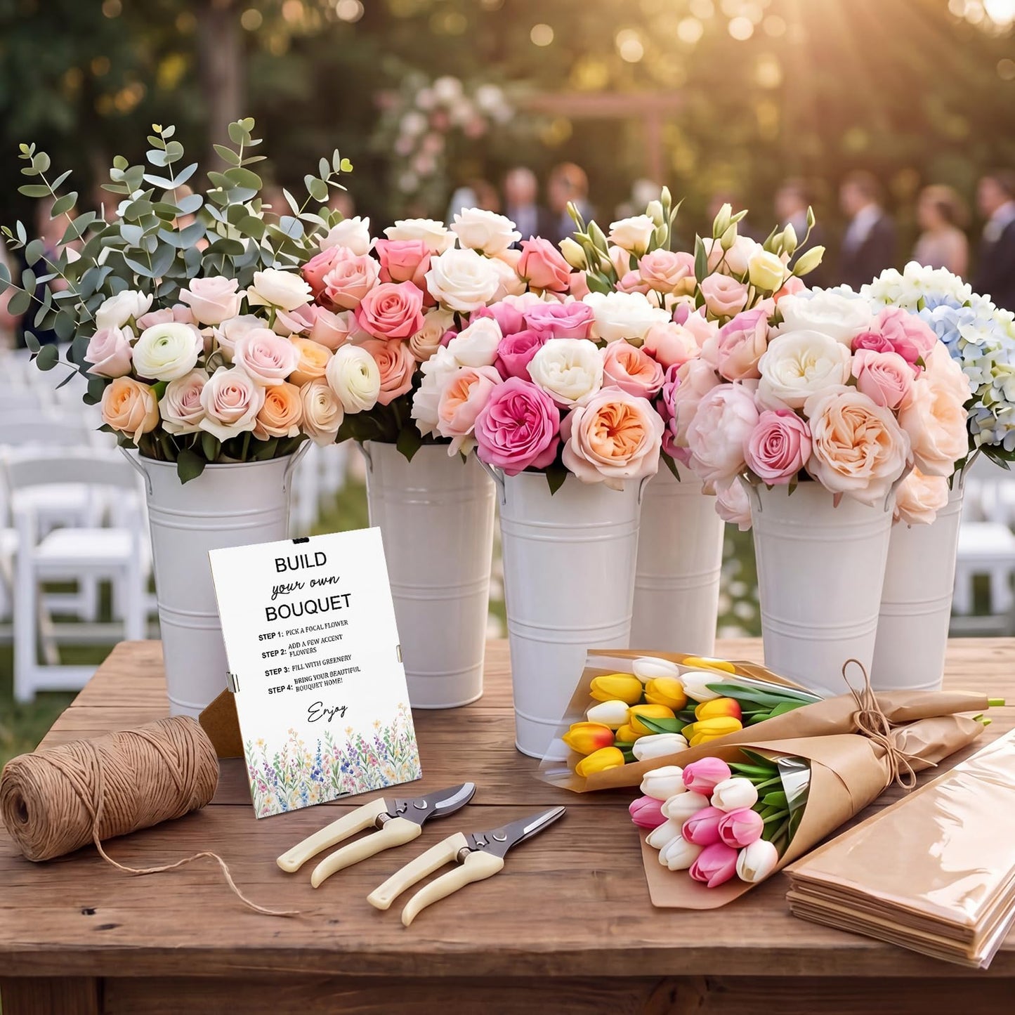 Thenshop 60 Pieces Wedding Flower Bar Set Includes 6 Metal Vases, 50 Bouquet Wrapping Bags, 2 Scissors, Flower Bar Sign and Hemp Rope for Wedding Reception Table, DIY Bouquets, Party Gifts(White)
