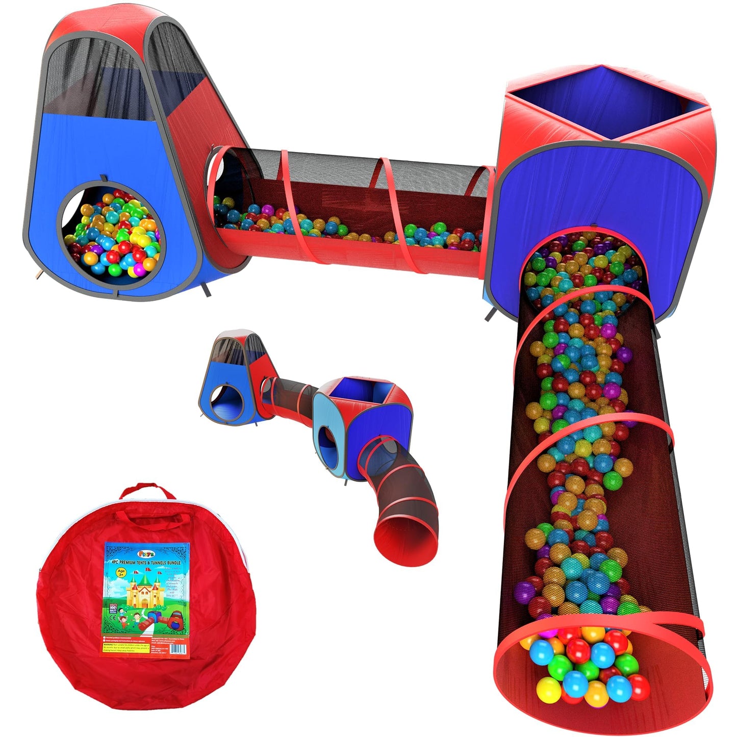 Playz 4pc Pop Up Play Tent and Tunnel Bundle for Toddlers and Kids - Indoor & Outdoor Playhouse with Storage Bag, Red & Blue