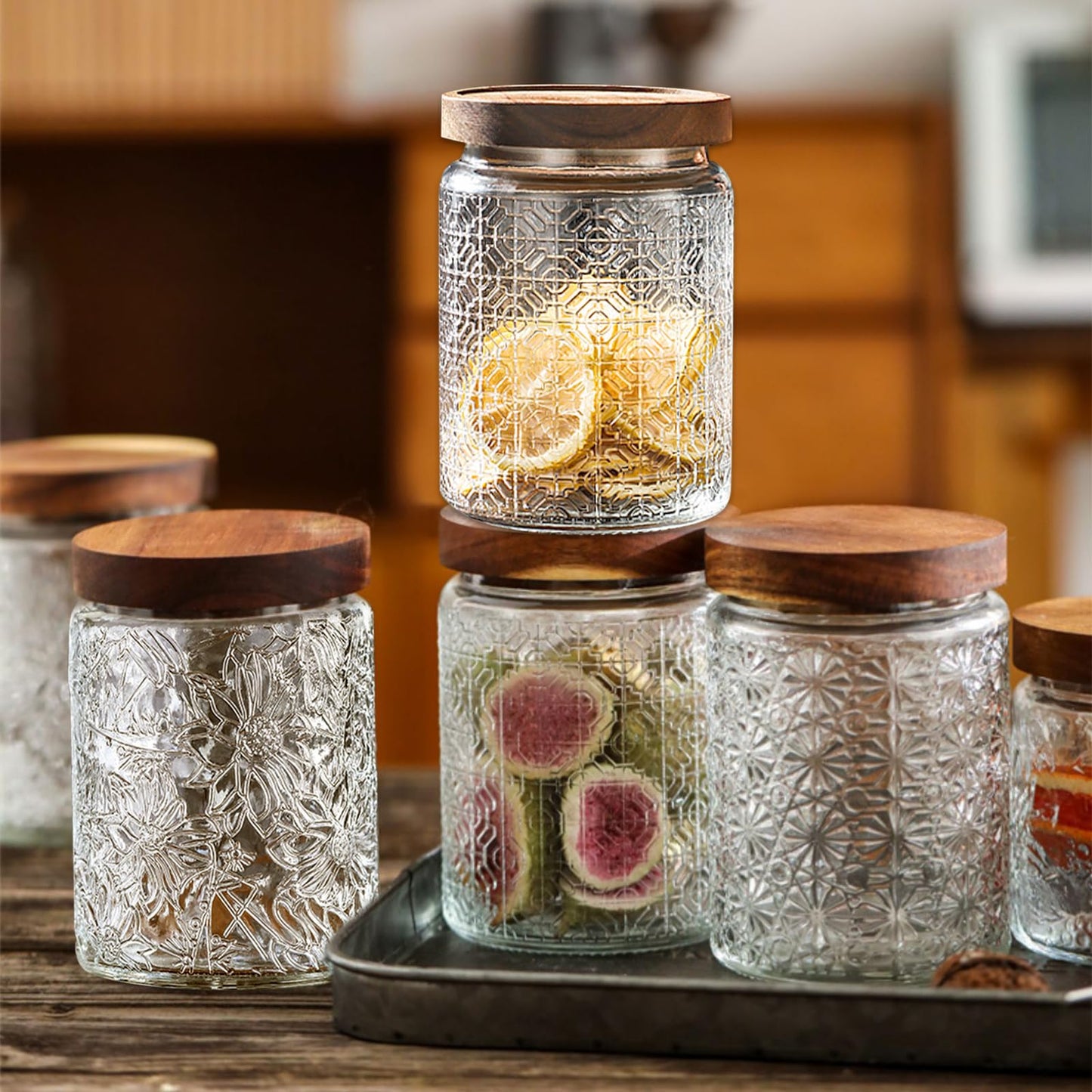 yoqelt Vintage Glass Jars with Wooden Lids, 6 Pack 24 oz Airtight Glass Food Storage Containers Sets for the Kitchen, Sugar Coffee Candy Spice Cookie Tea Pasta
