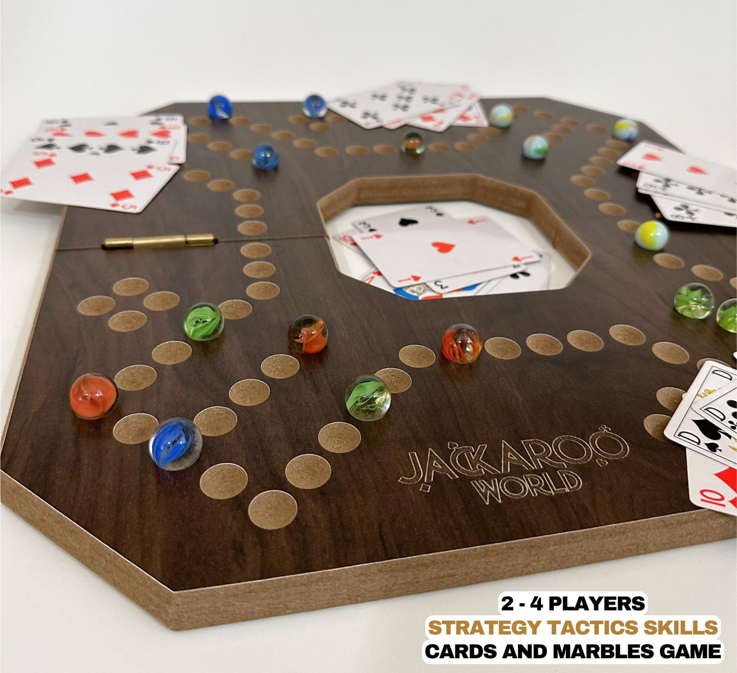 Jackaroo Board Game - 2-4 Player Cards and Marbles Board Game - Marble Chase Game - Carbles Game with Cards - Jokers and Marbles Game - Wahoo Wooden Board Foldable and Open in The Middle (Walnut)