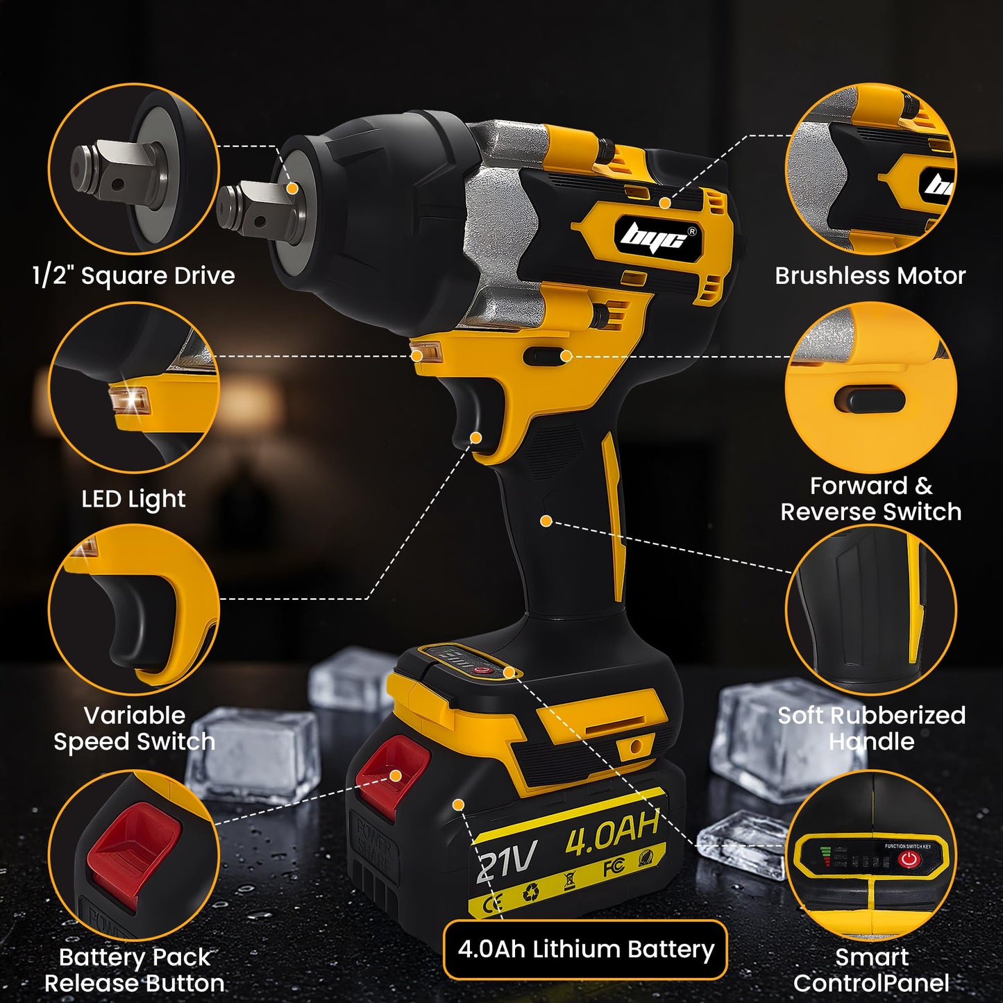 Cordless 1/2 Inch Impact Wrench,1000 N.m(740 Ft-lbs) Brushless High Torque Electric Impact Gun, 3300RPM Power Impact Driver, 2x 4.0AH Li-ion Battery,Charger & 6Pcs Sockets for Car Home DIY Furniture