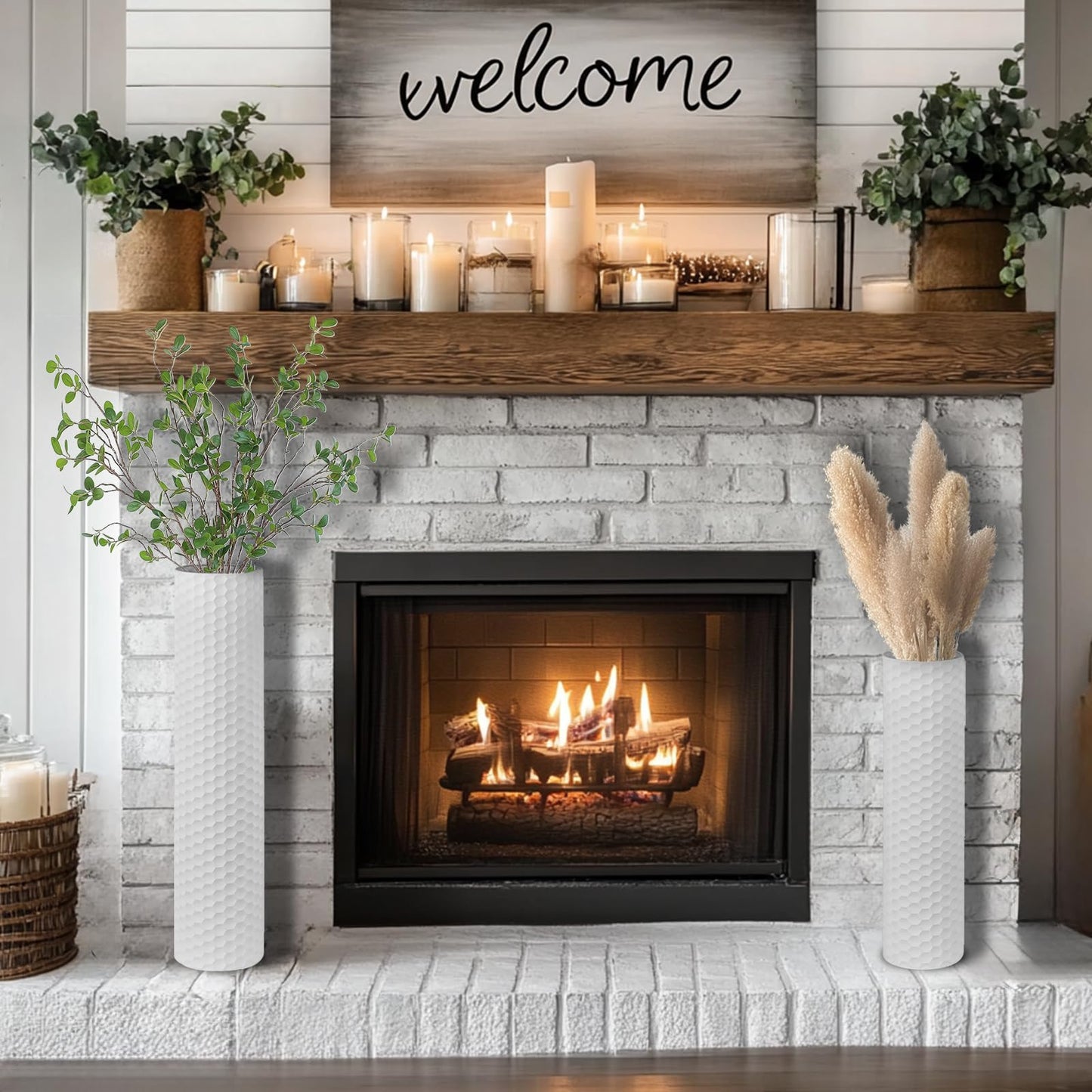 Sziqiqi White Tall Vases for Floor: 27.6/21.7in Metal Cylinder Handmade Flower Holder Extra Large Decorative Vase Set of 2 Modern Honeycomb Texture Big Standing Vase for Living Room Home Corner