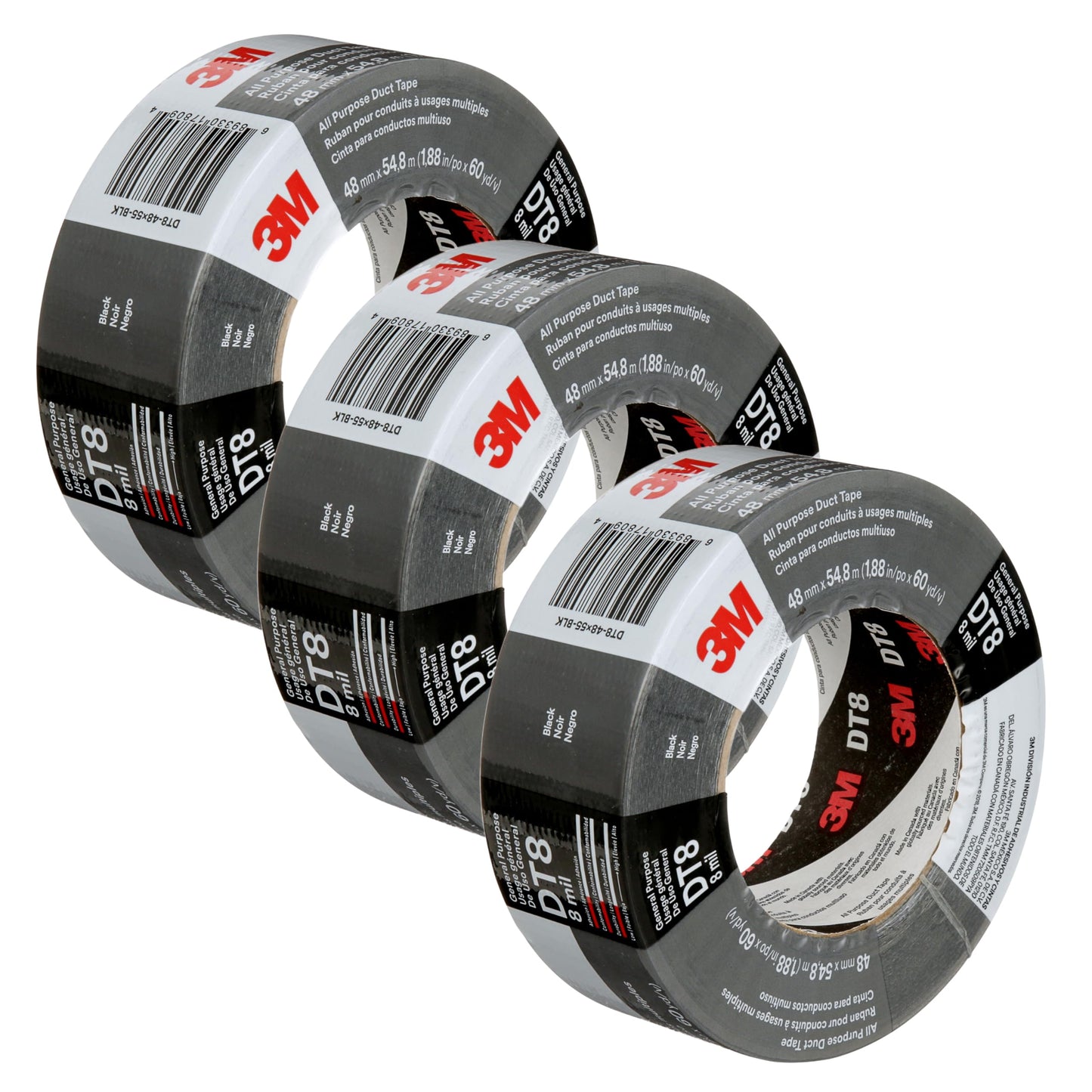 3M Duct Tape DT8, 3 Pack, Industrial Strength, Multi-Use, Black color tape, 1.88" x 60 yd, Tear by Hand, Professional Grade Adhesive, Perfect for HVAC, Bundling, Moisture Proofing, and Reinforcing