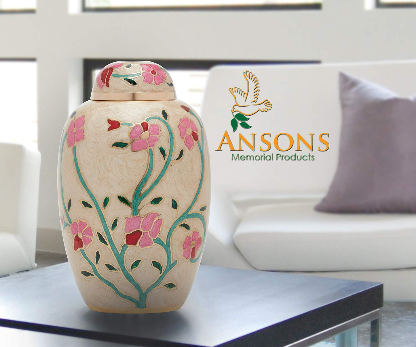 Ansons Urns Cremation Urn - Flower Funeral Urn for Human Ashes - Burial urn with Lacquer Finish - 100% Brass - Flora Cream