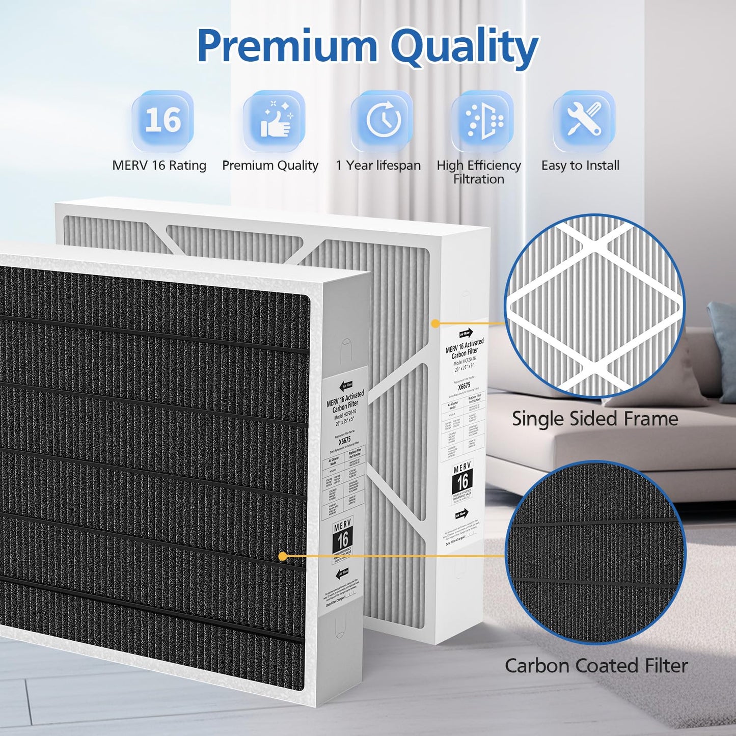2 Pack 6675 20x25x5 MERV 16 Air Filter Compatible with Lennox X6675 and Lennox HCC20-28 Healthy Climate Carbon Clean MERV 16 Furnace Filter for HVAC System, Part Number HCF20-16, HCF20-10