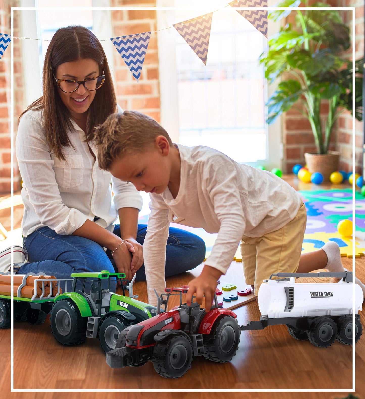 Mozlly Friction Powered Farm Tractor Vehicles, 16.5" Includes Farmer Tractor Water Tank and Log Trailer, Push & Go No Batteries Needed Farming Toys Playset for Boys Kids Toddlers (3pc Set)