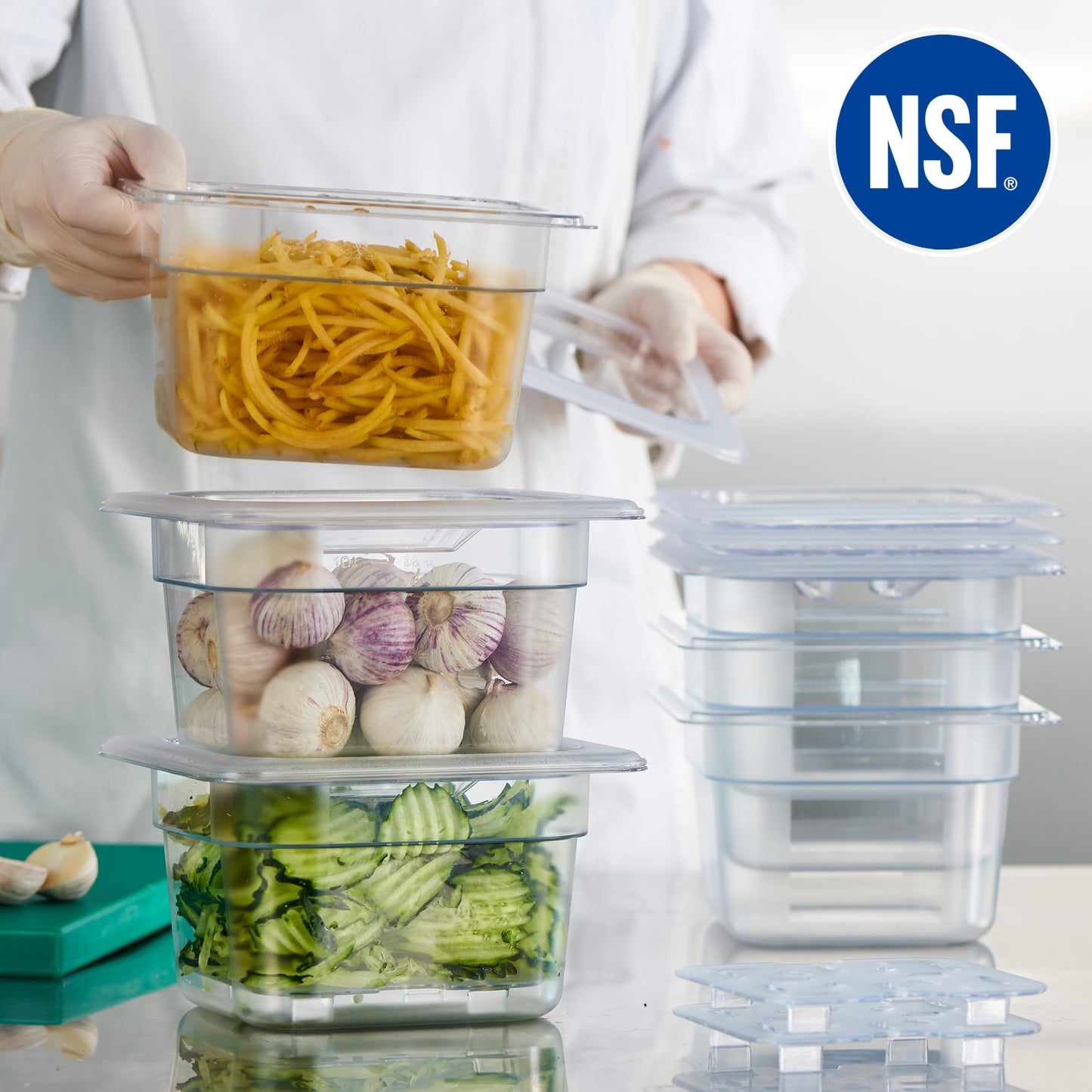 CURTA 6-Pack 1/6 Size 4" Deep NSF Polycarbonate Food Pans with Handled Lids & Drain Trays | Dishwasher & Freezer Safe Clear Container for Prep Tables, Buffet, Salad Bar, Commercial Kitchen