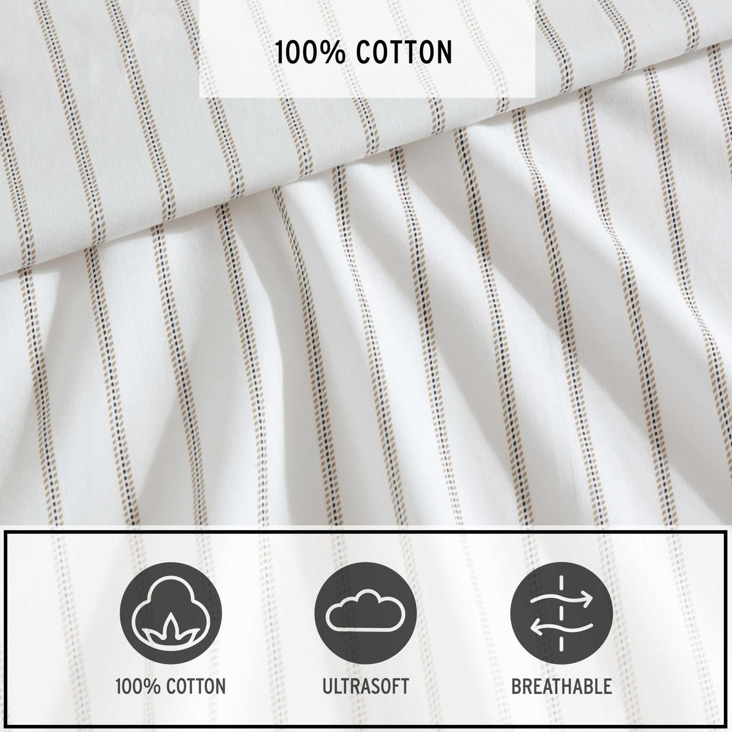 Eddie Bauer - Queen Sheet Set with Fitted Sheet & Pillowcases, 100% Cotton Percale Bedding, Crisp & Cool, Deep Pocket, Essential Stripe Beige