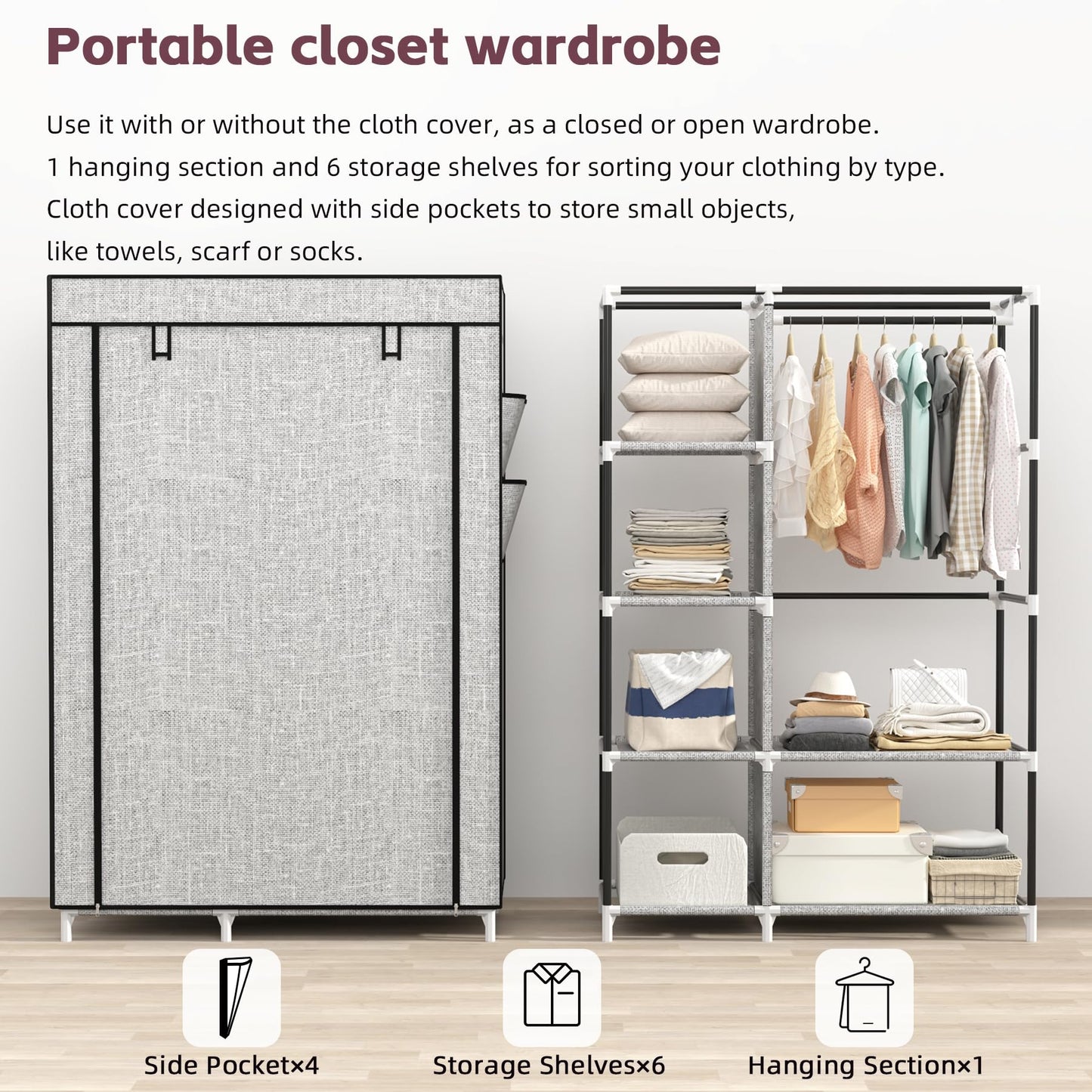 Calmootey Portable Closet Organizers, Clothing Storage, Wardrobe with 6 Shelves and Hanging Rod, Non-Woven Fabric Cover with 4 Side Pockets, Ash Grey