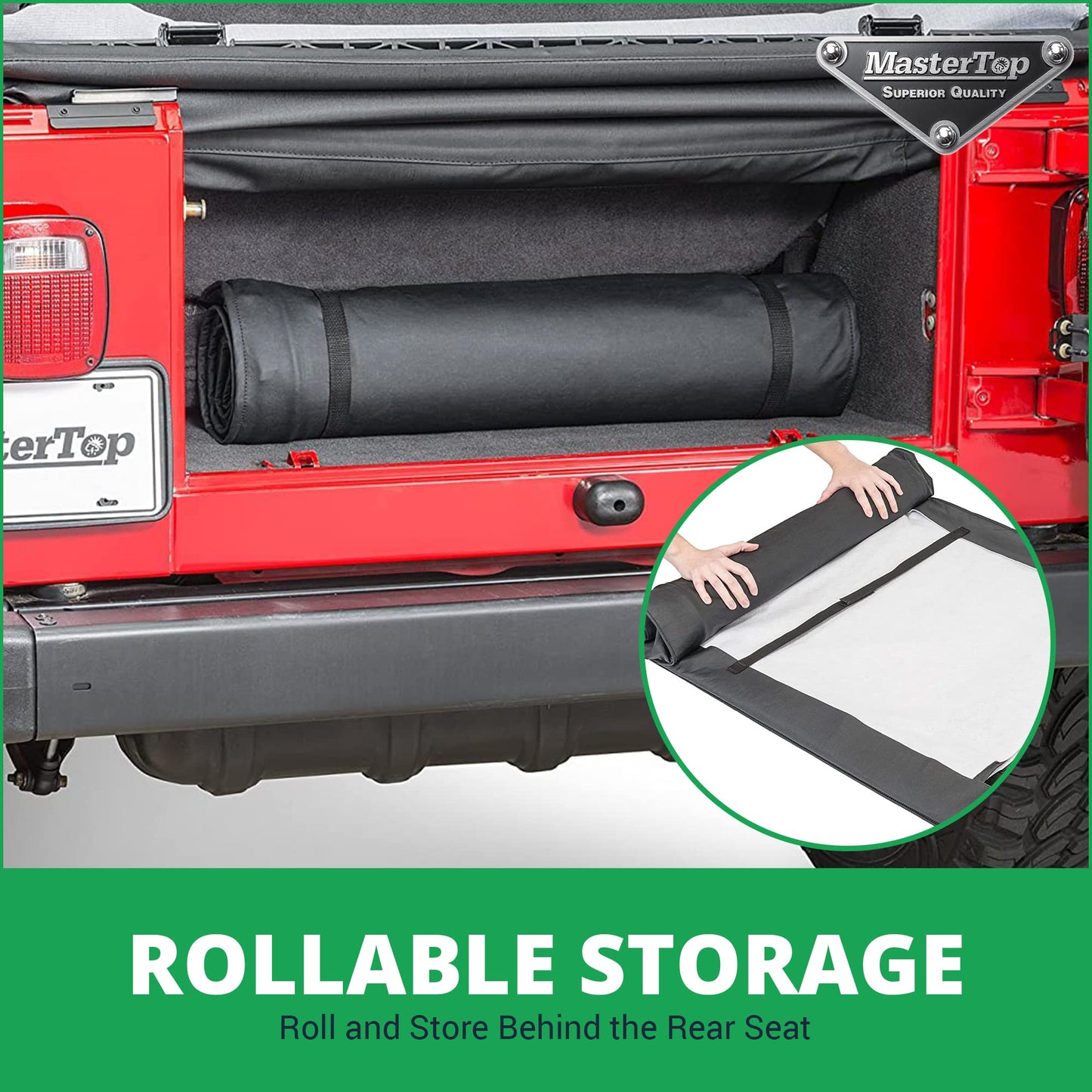 MasterTop Soft Top Window Roll for Side and Rear Soft Top Windows|Fits Soft Top Equipped 1976-2018 CJ, YJ, TJ & JK Jeep Wrangler vehicles|Soft Multi-Layer interior Pockets|13100301, black vinyl