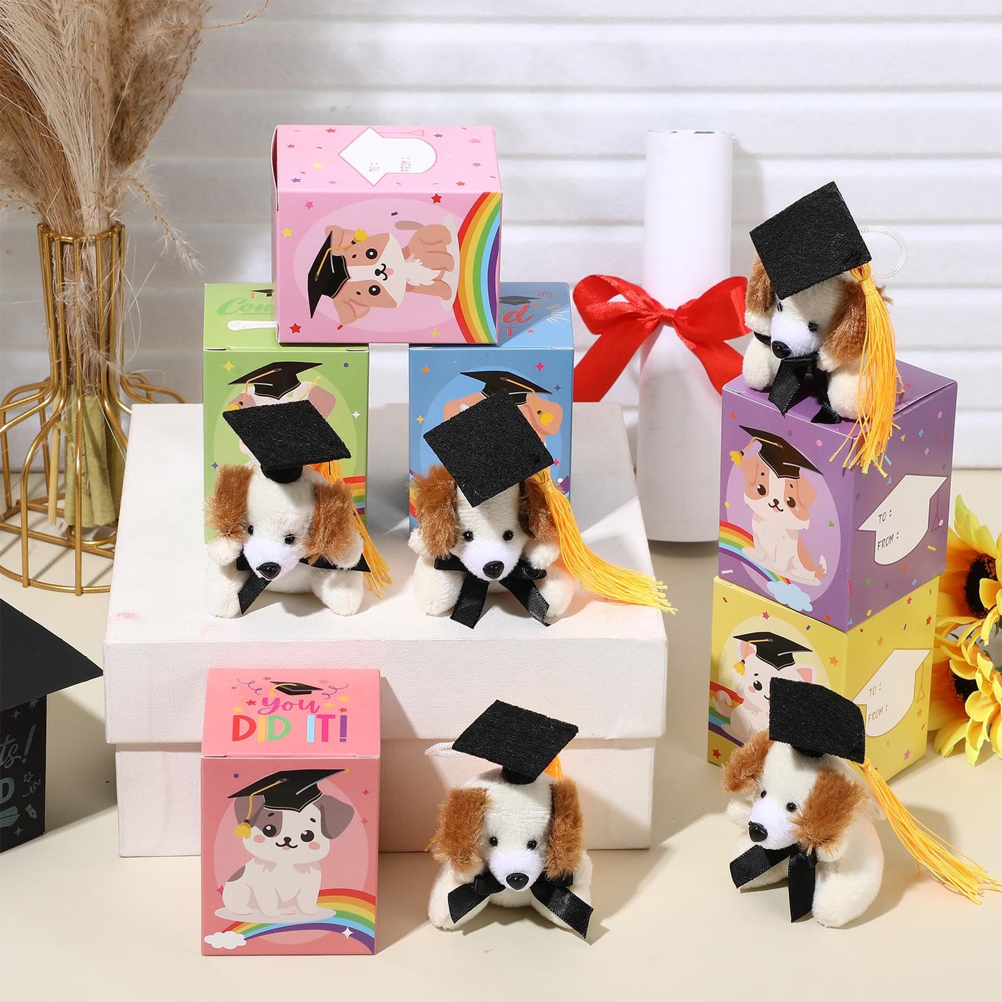 Trnayi 24 Set Mini Graduation Plush Dog with Graduation Gifts Box Graduation Stuffed Animal Keychain with Cap Gift Set for 2025 Graduation Party Graduation Decoration Classroom Exchange Gift