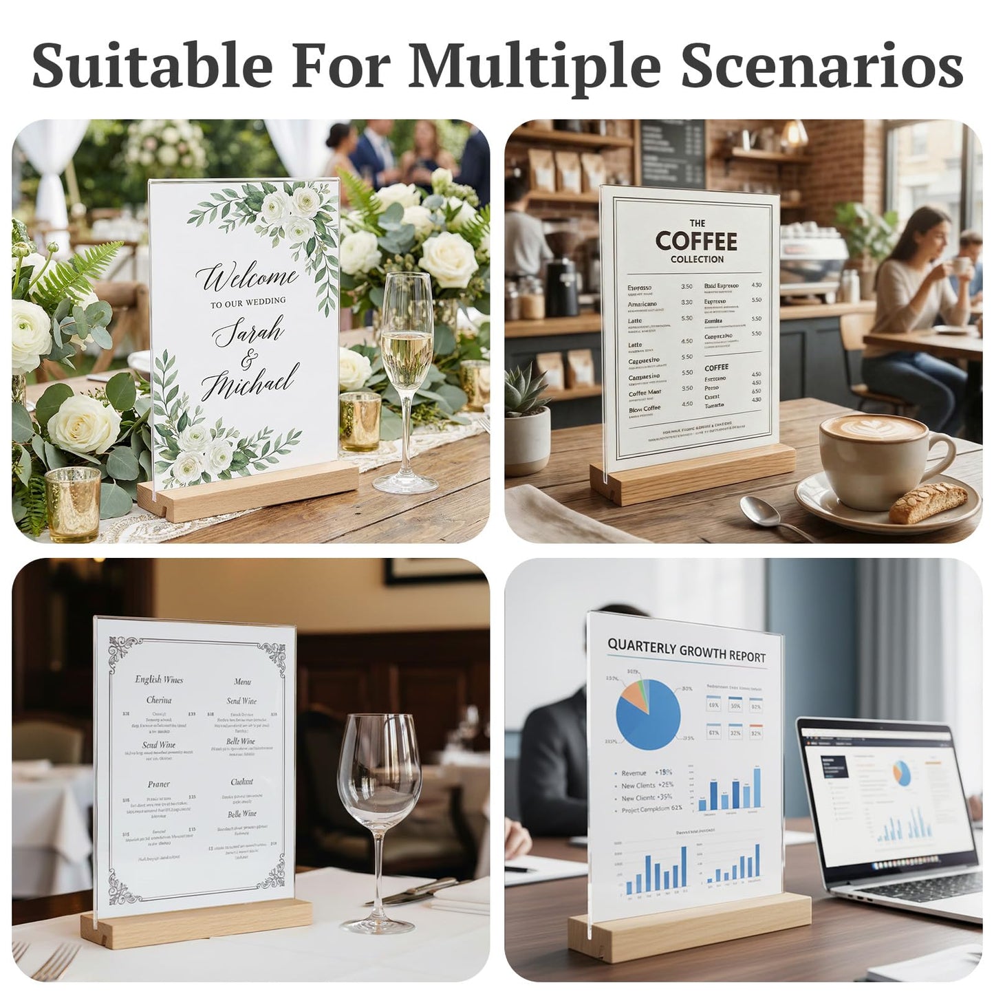 EHWINE 12 Pack 8.5 x 11 Acrylic Sign Holder with Wood Base, Double-Sided Clear Table Sign Holder with Non-Slip Pads, Vertical or Slant Back Display (L & T Shape), Menu Flyer Stand for Office, Retail, Restaurant