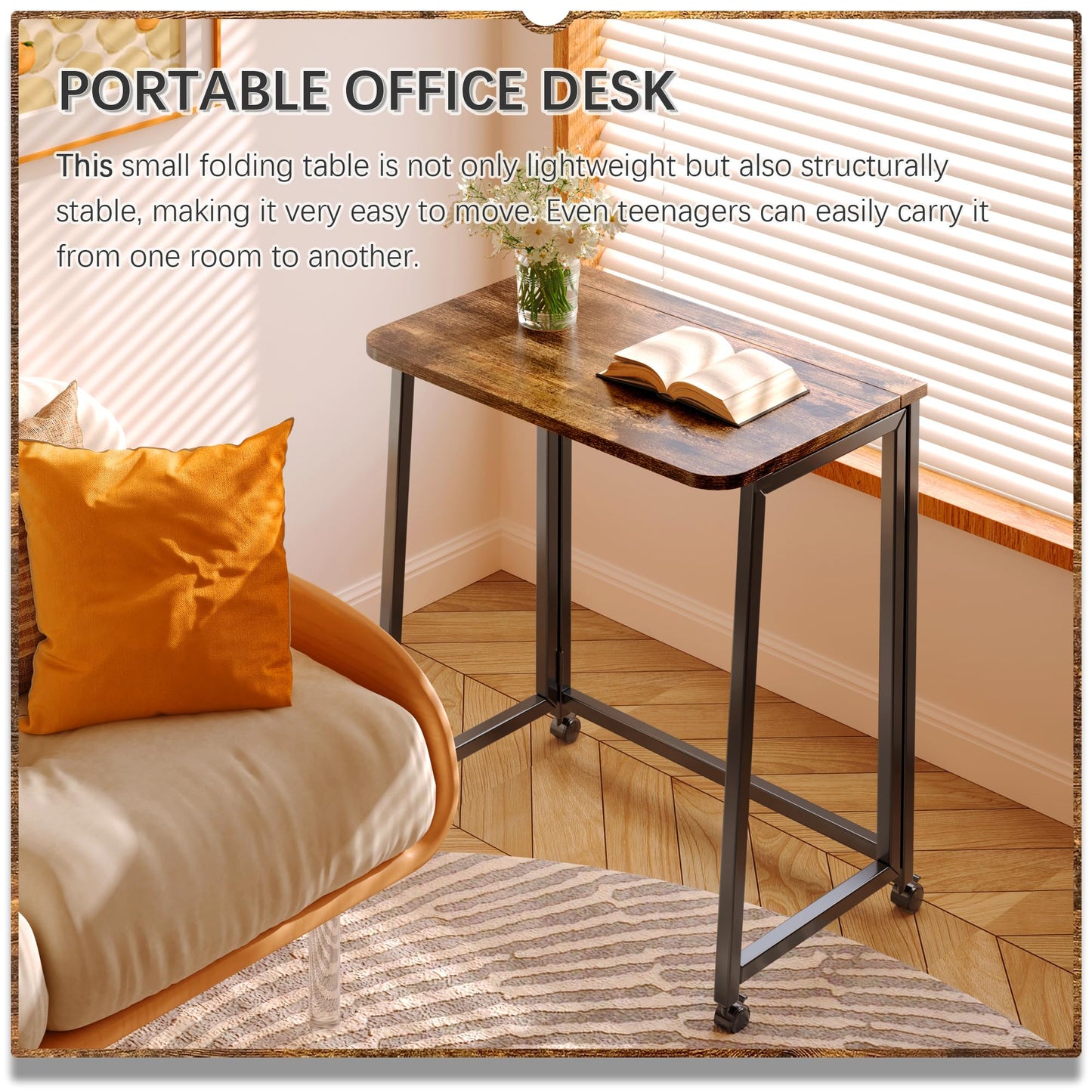 4NM 23.6" Mobile Small Folding Desk, Foldable Rolling Computer Home Office Desk, Study Writing Table for Small Space Saving Bedroom, with Wheels - Rustic Brown and Black
