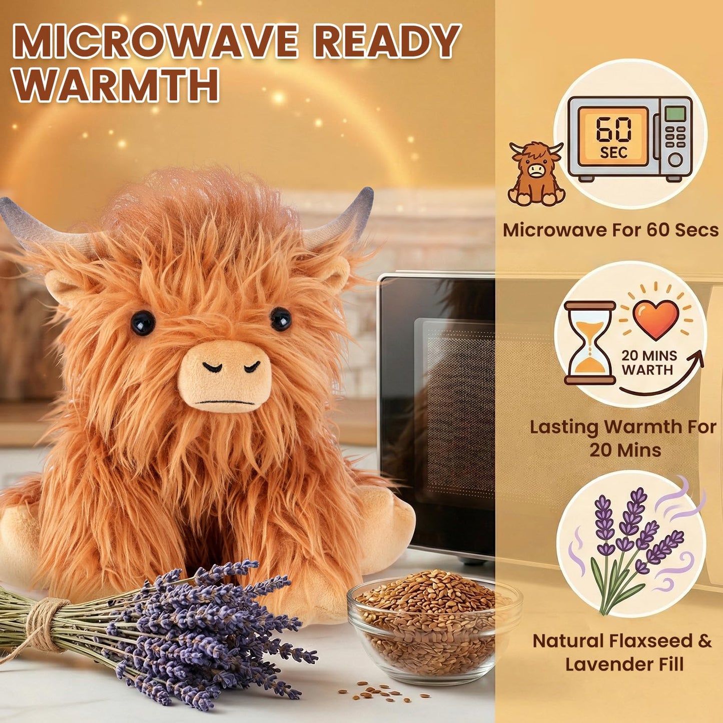 SuzziPals Heatable Coolable Weighted Highland Cow Stuffed Animal, Microwavable Stuffed Animals Peirod Heating Pad for Cramps, Cuddly Soft Plushies for Warmth & Companion, Highland Cow Gifts for Women
