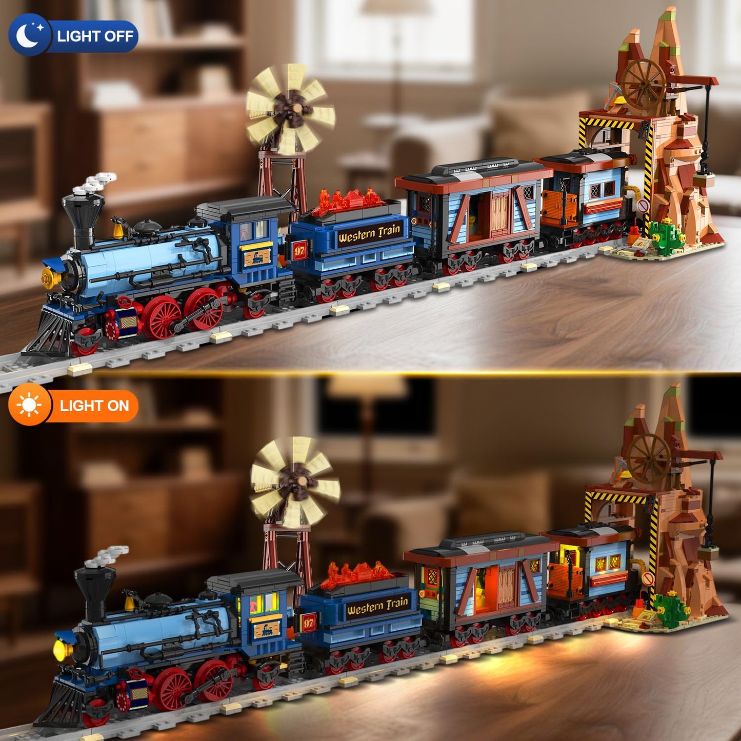INSOON Western Train Building Set with Lights, 1912 PCS West Trains Static Display Model Toy with Tracks Windmill Water Tower, Home Office Decor Building Blocks for Adults Teens Big Boys Girls 12+