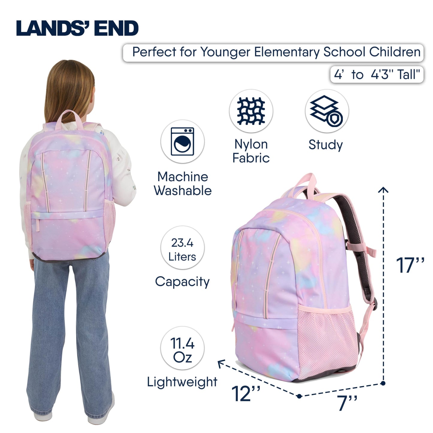 Lands' End Unisex Kids Medium ClassMate Lightweight Durable Elementary School Backpack, Desert Rose