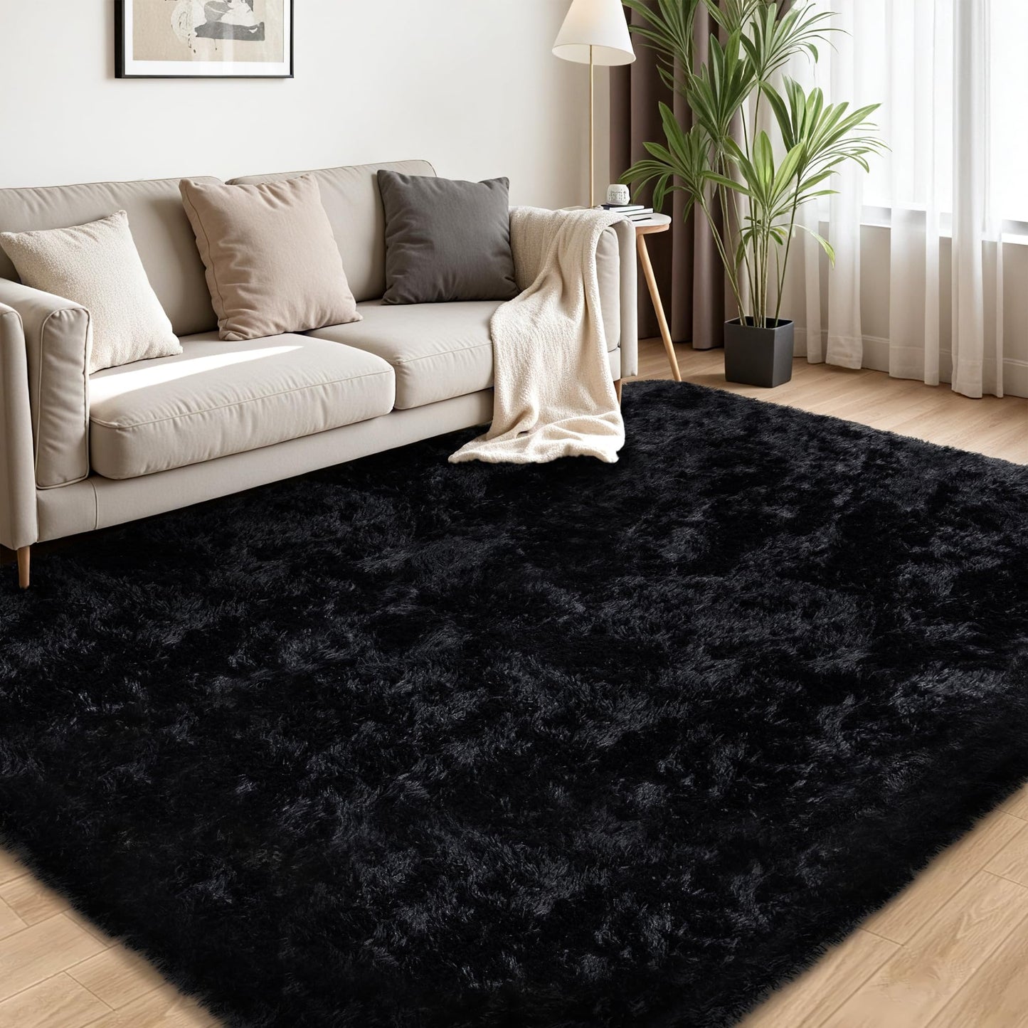 5x7 Area Rug for Living Room:Ultra Soft Fluffy Shag Black Rugs,Large Fuzzy Plush Indoor Non Slip Carpet Washable Rug for Bedroom Kids Nursery Office Dorm Modern Decor(Black 5'x7')