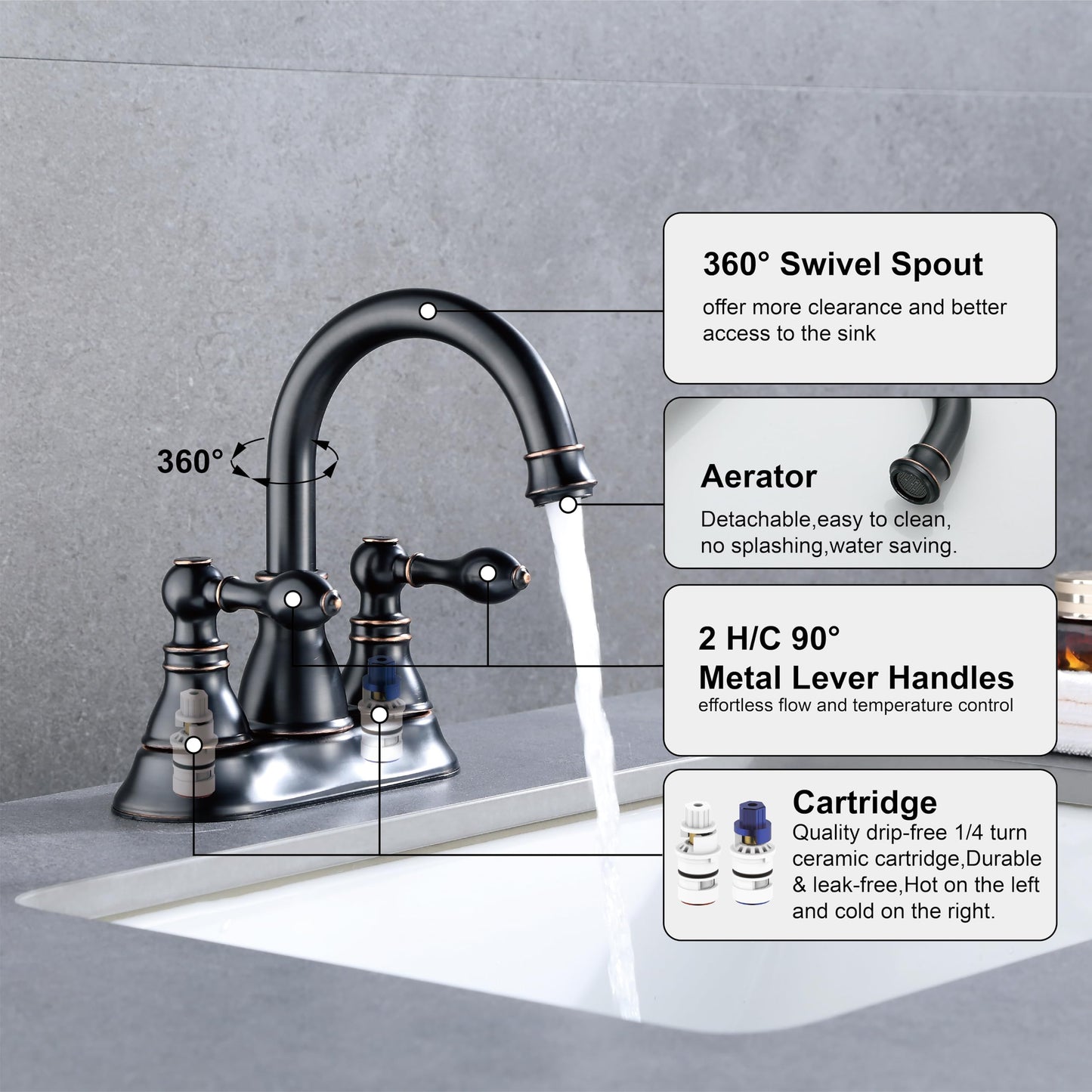 Derengge 2 Handle Oil Rubbed Bronze Bathroom Sink Faucet 3 Hole with Overflow Pop up Drain,360° Swivel Spout 4 Inch Centerset Lavatory Faucet,F-4501-NB