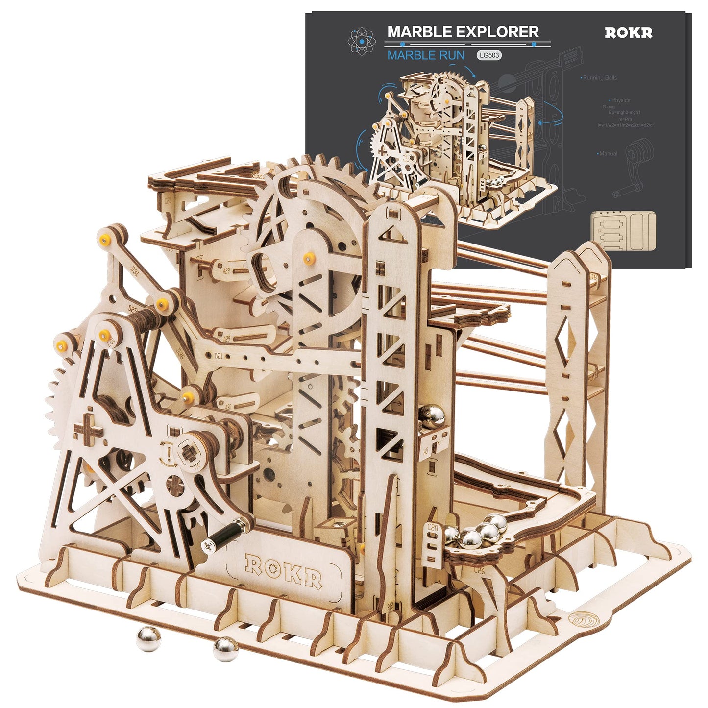 ROKR 3D Assembly Wooden Puzzle Brain Teaser Game Mechanical Gears Set Model Kit Marble Run Set Unique Craft Kits Christmas/Birthday/Valentine's Gift for Adults Age 14+