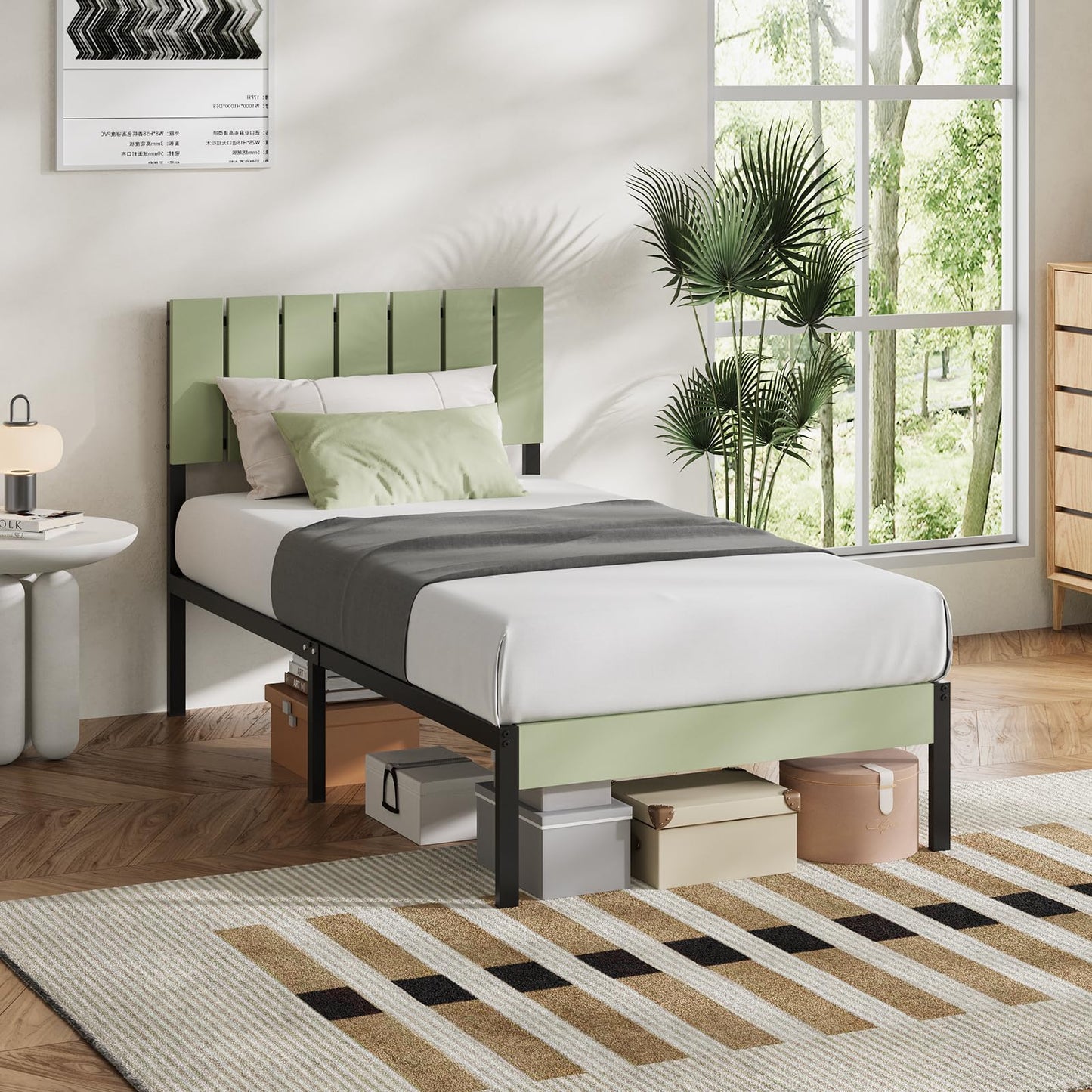 Novilla Twin Bed Frame with Modern Wooden Slatted Headboard, Easy Assembly, Heavy Duty Metal Platform, Noise-Free, Under-Bed Storage, No Box Spring Needed